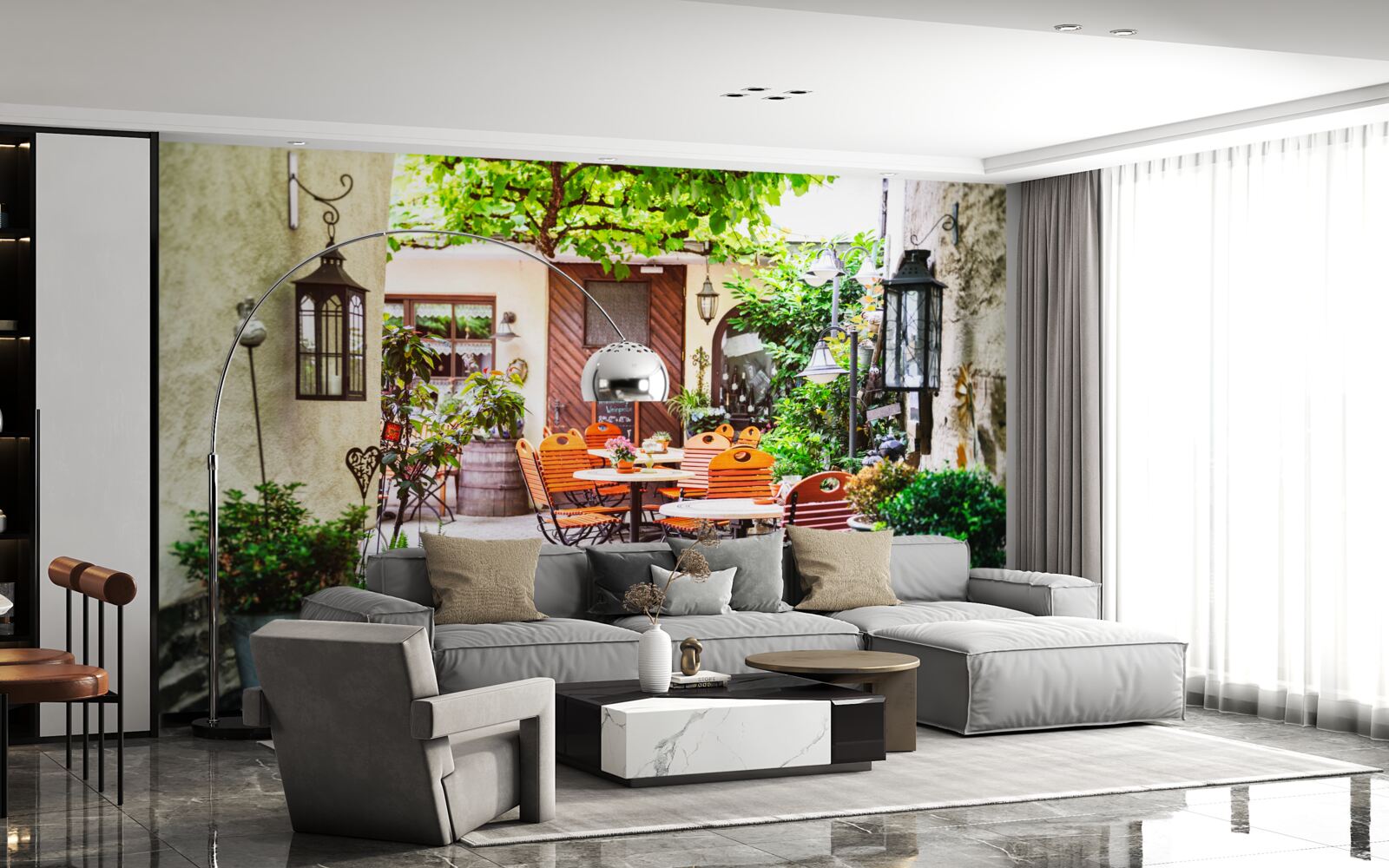 Fotobehang klein café met een tafel in het historische deel van de stad