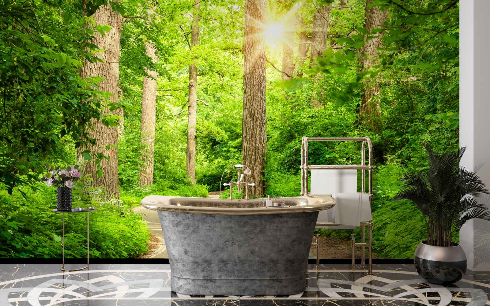 Fotobehang heldere dag in het smaragdgroene bos