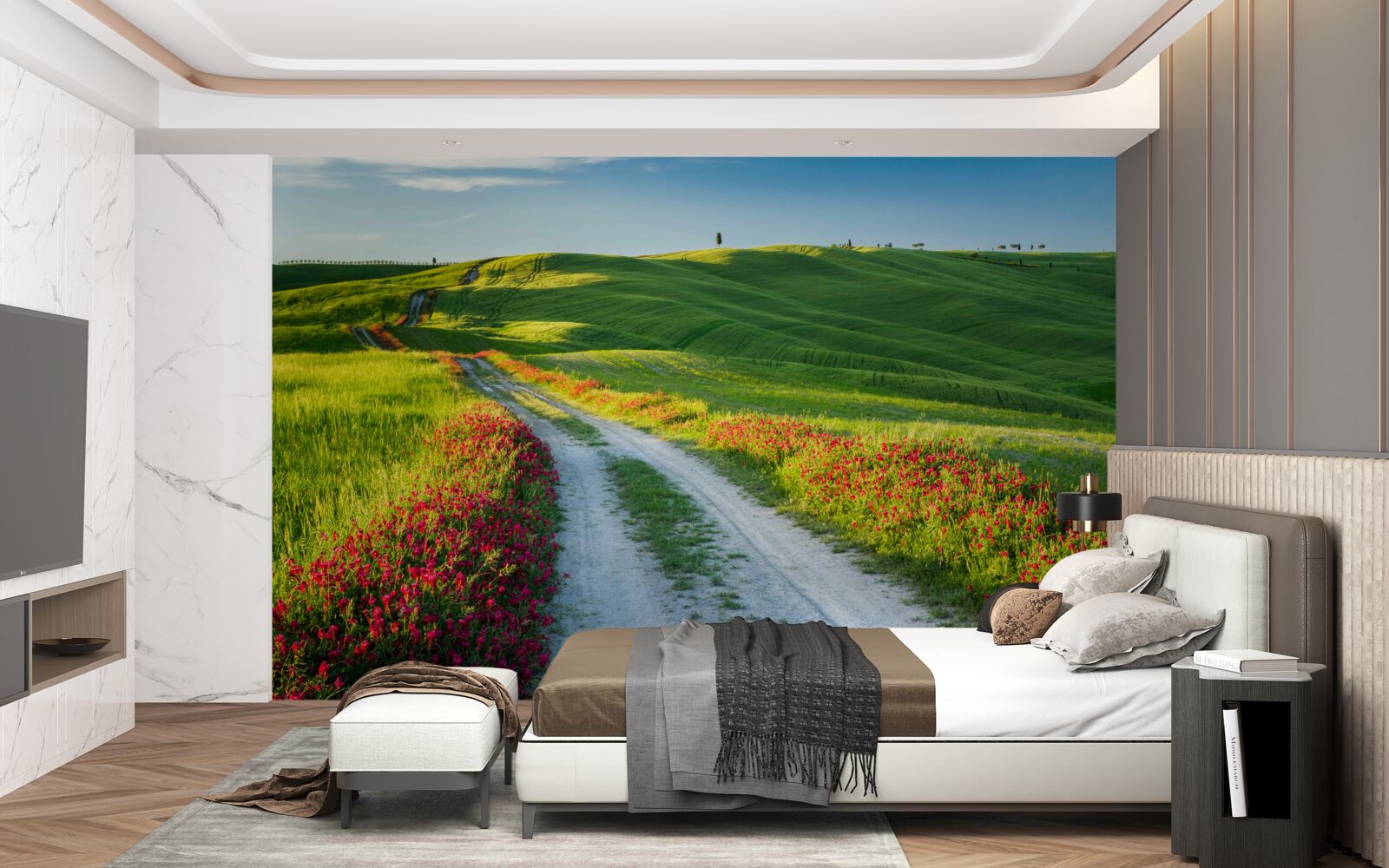 Fotobehang weg in de bergen omgeven door groene velden