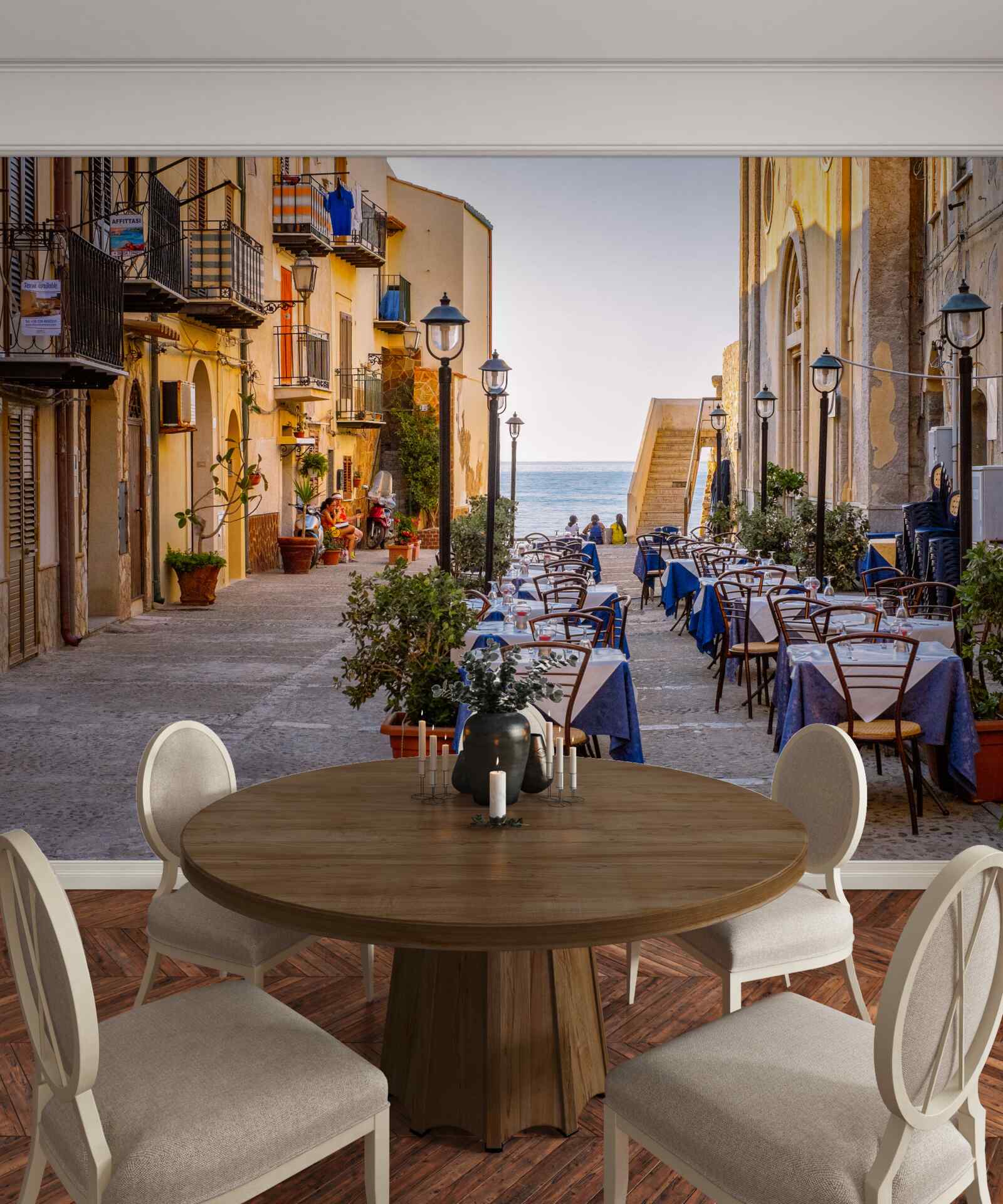 Fotobehang faciliteit aan de oever in het historische deel van de stad