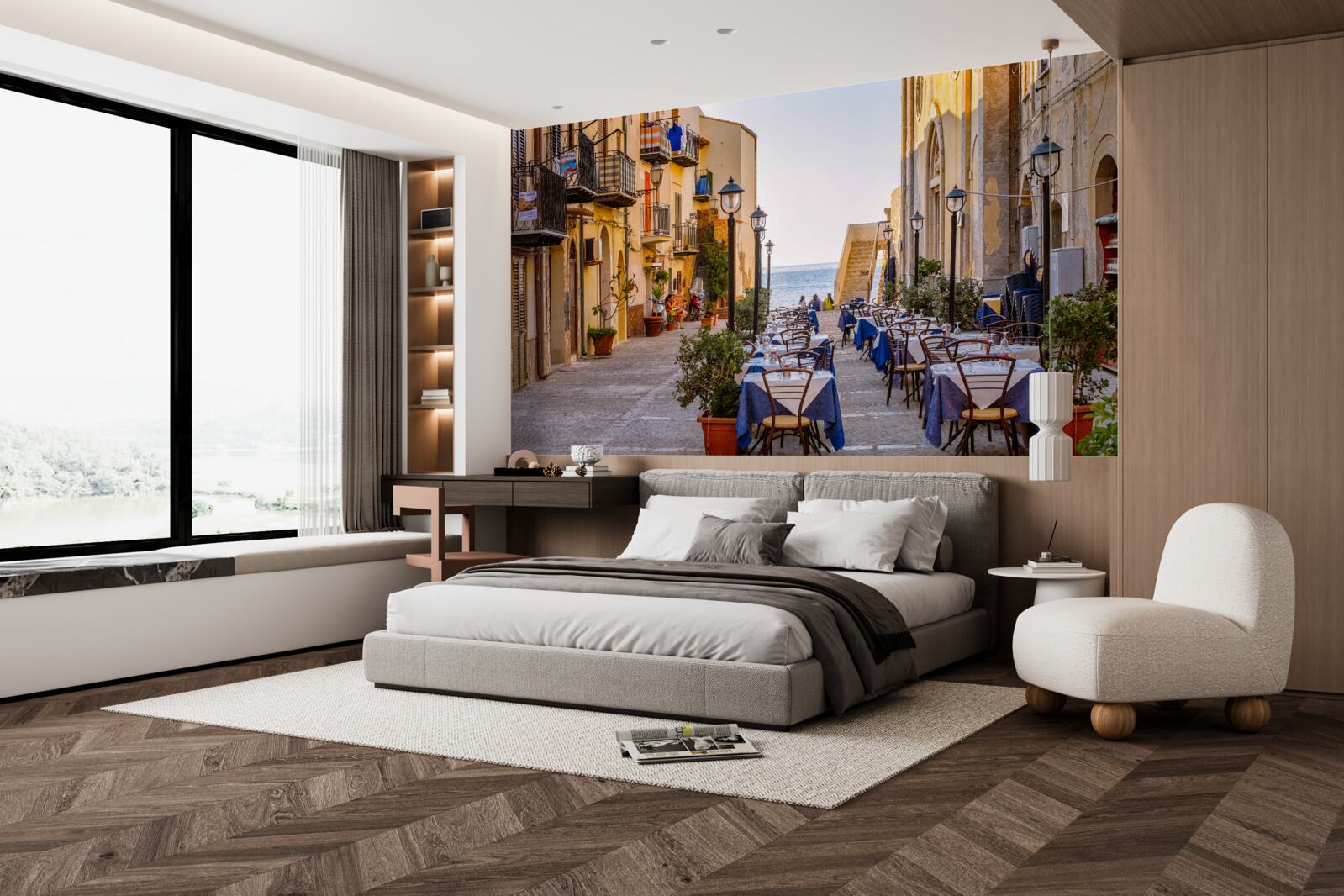 Fotobehang faciliteit aan de oever in het historische deel van de stad