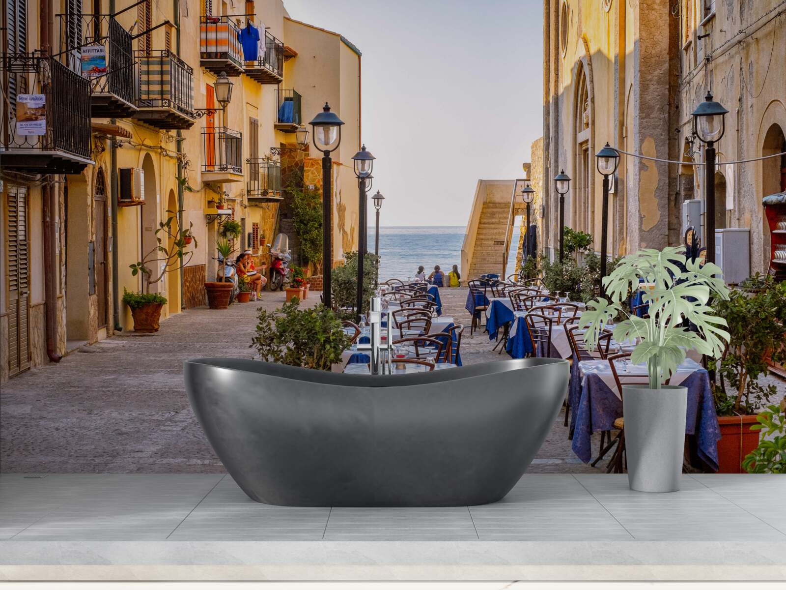 Fotobehang faciliteit aan de oever in het historische deel van de stad