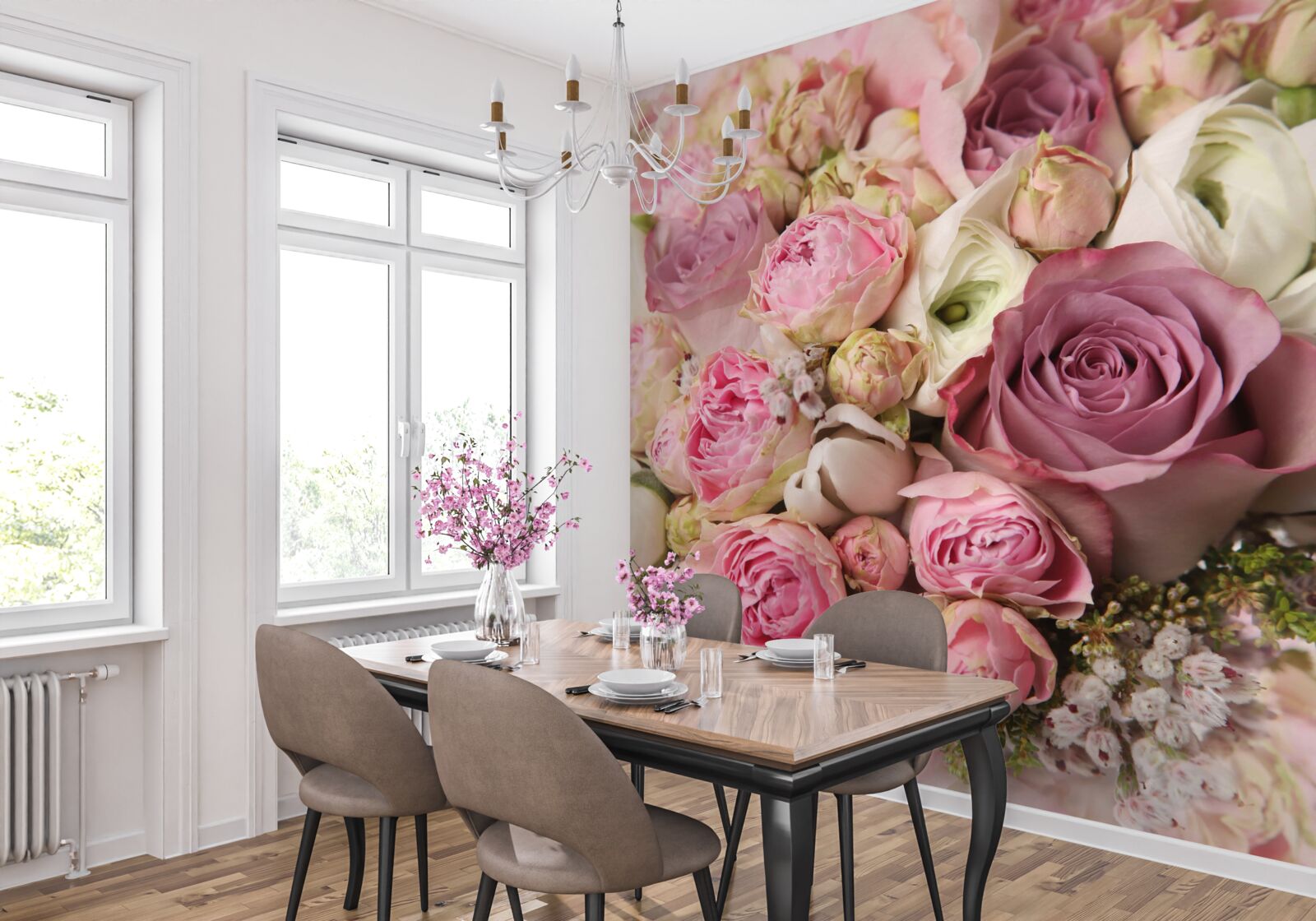 Fotobehang compositie van rozen en tulpen in een ongewone vorm