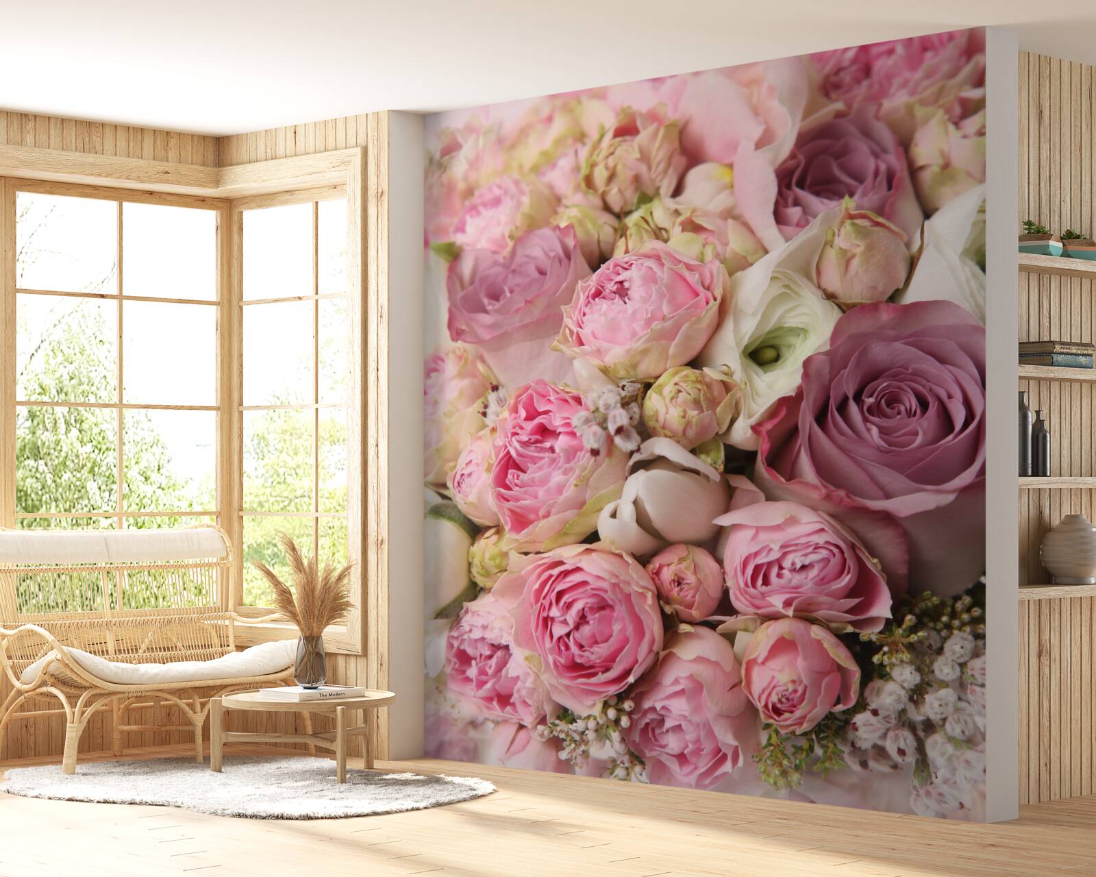 Fotobehang compositie van rozen en tulpen in een ongewone vorm