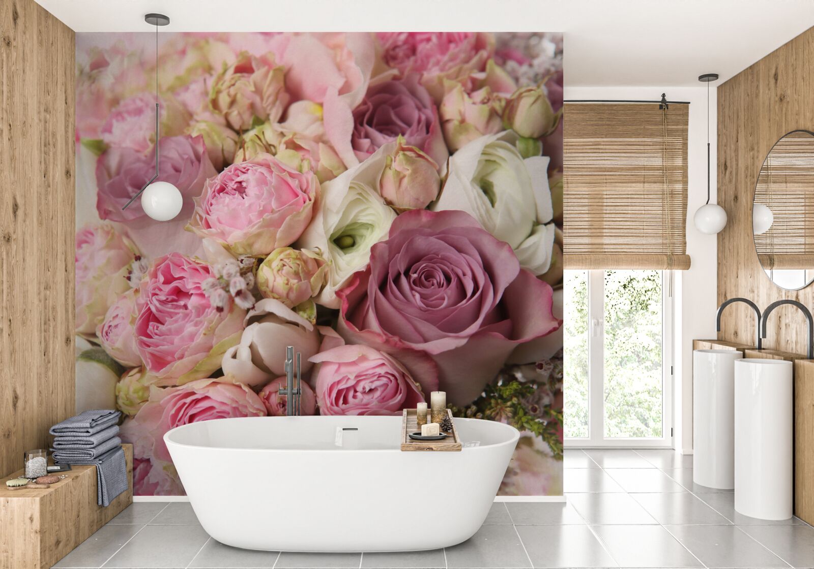 Fotobehang compositie van rozen en tulpen in een ongewone vorm