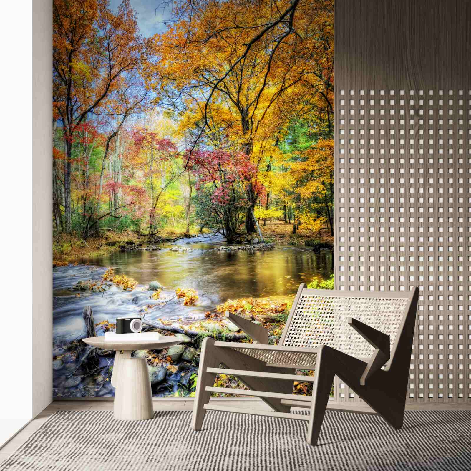 Fotobehang bos in de herfst en een rivier in de bergen