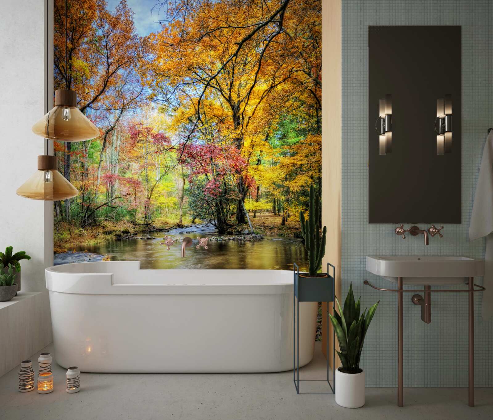 Fotobehang bos in de herfst en een rivier in de bergen