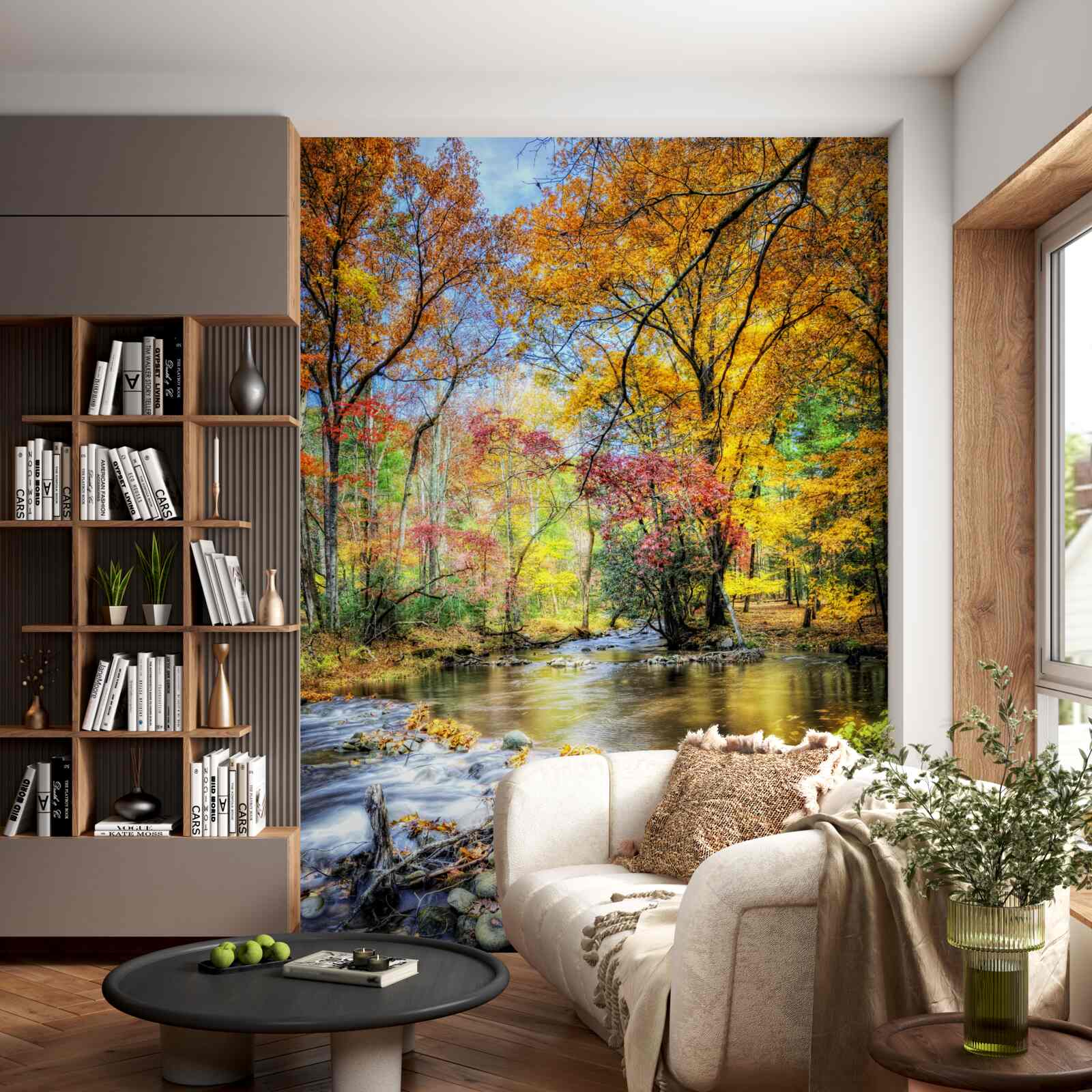 Fotobehang bos in de herfst en een rivier in de bergen