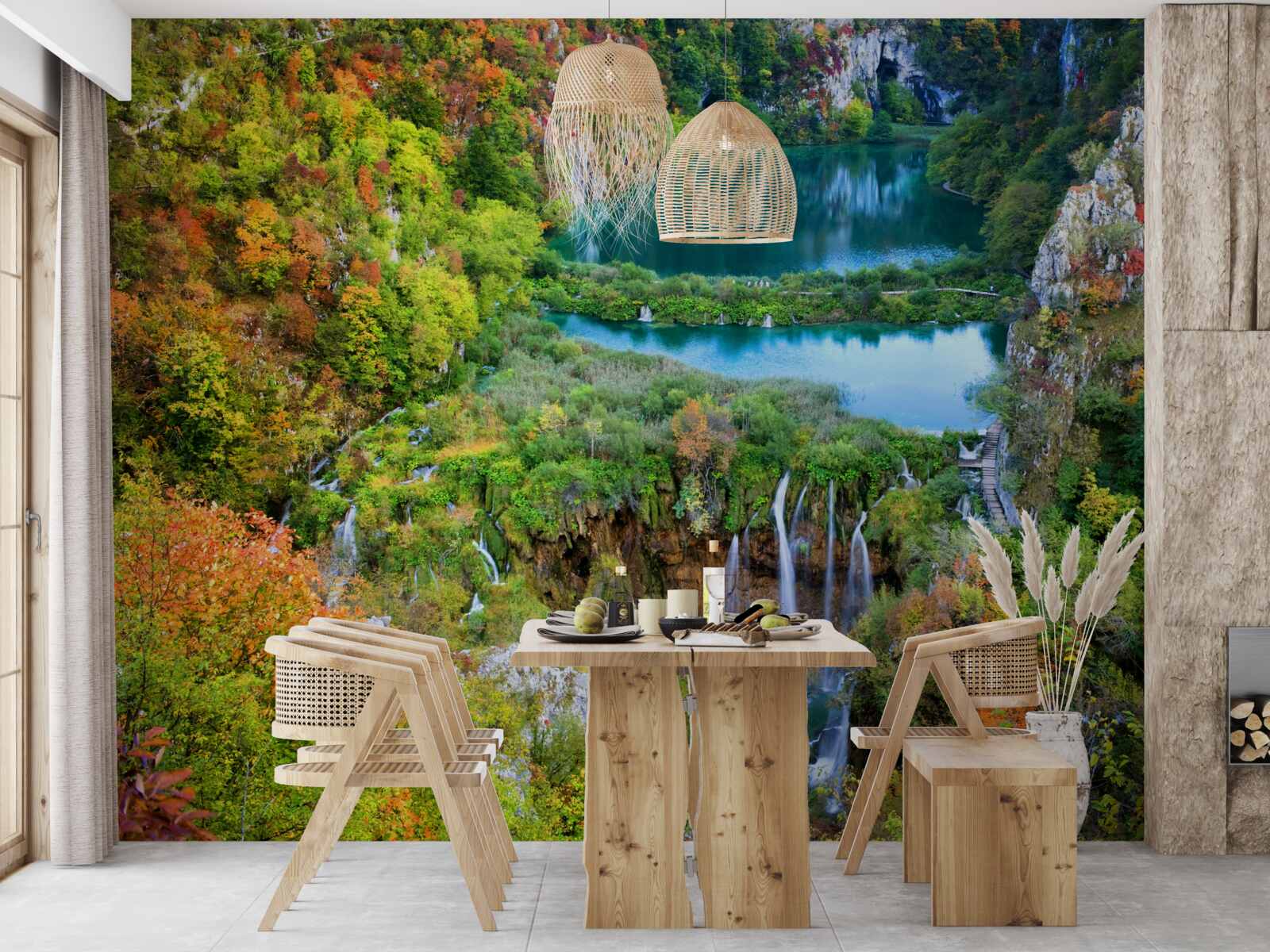 Fotobehang herfstbos versierd met een stromende waterval