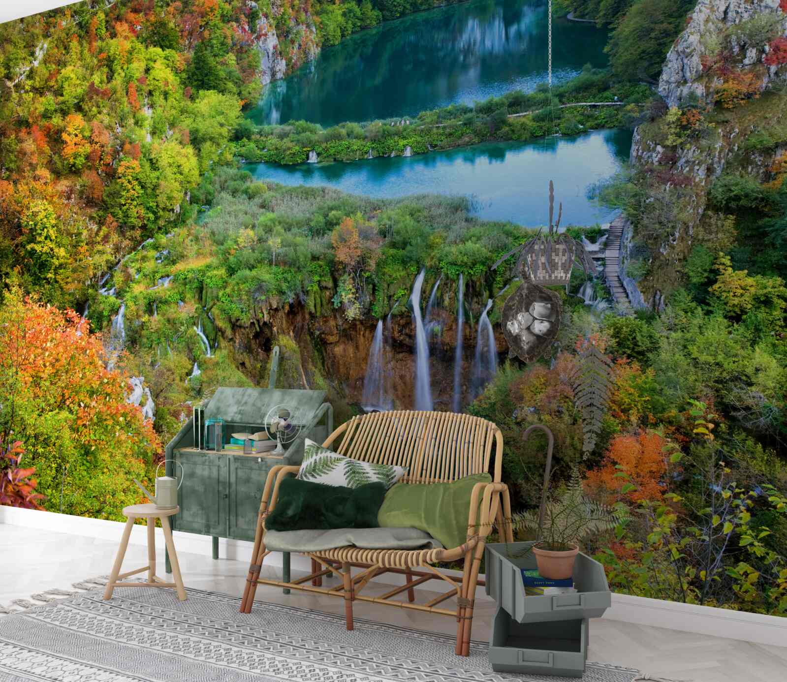 Fotobehang herfstbos versierd met een stromende waterval