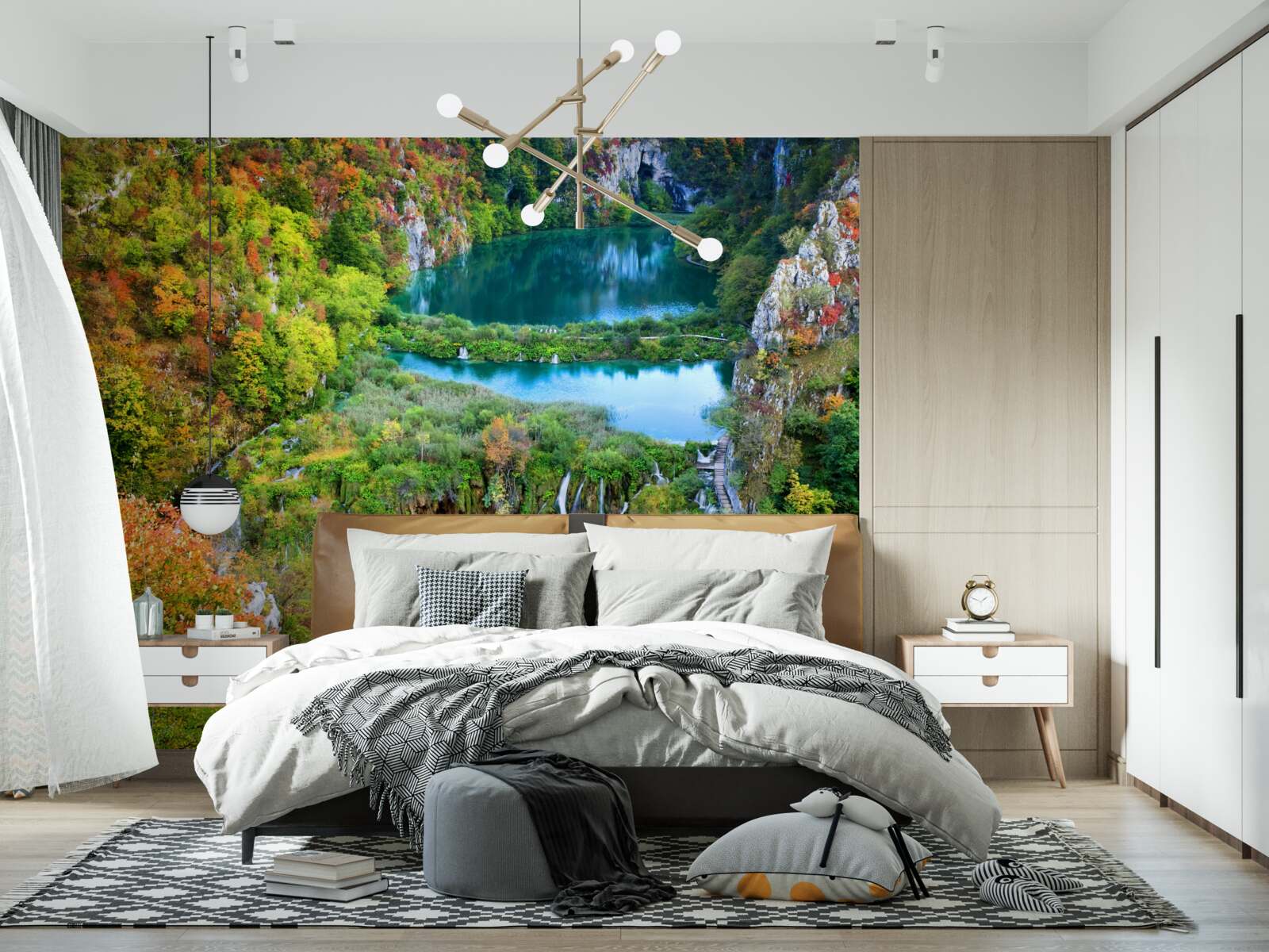 Fotobehang herfstbos versierd met een stromende waterval