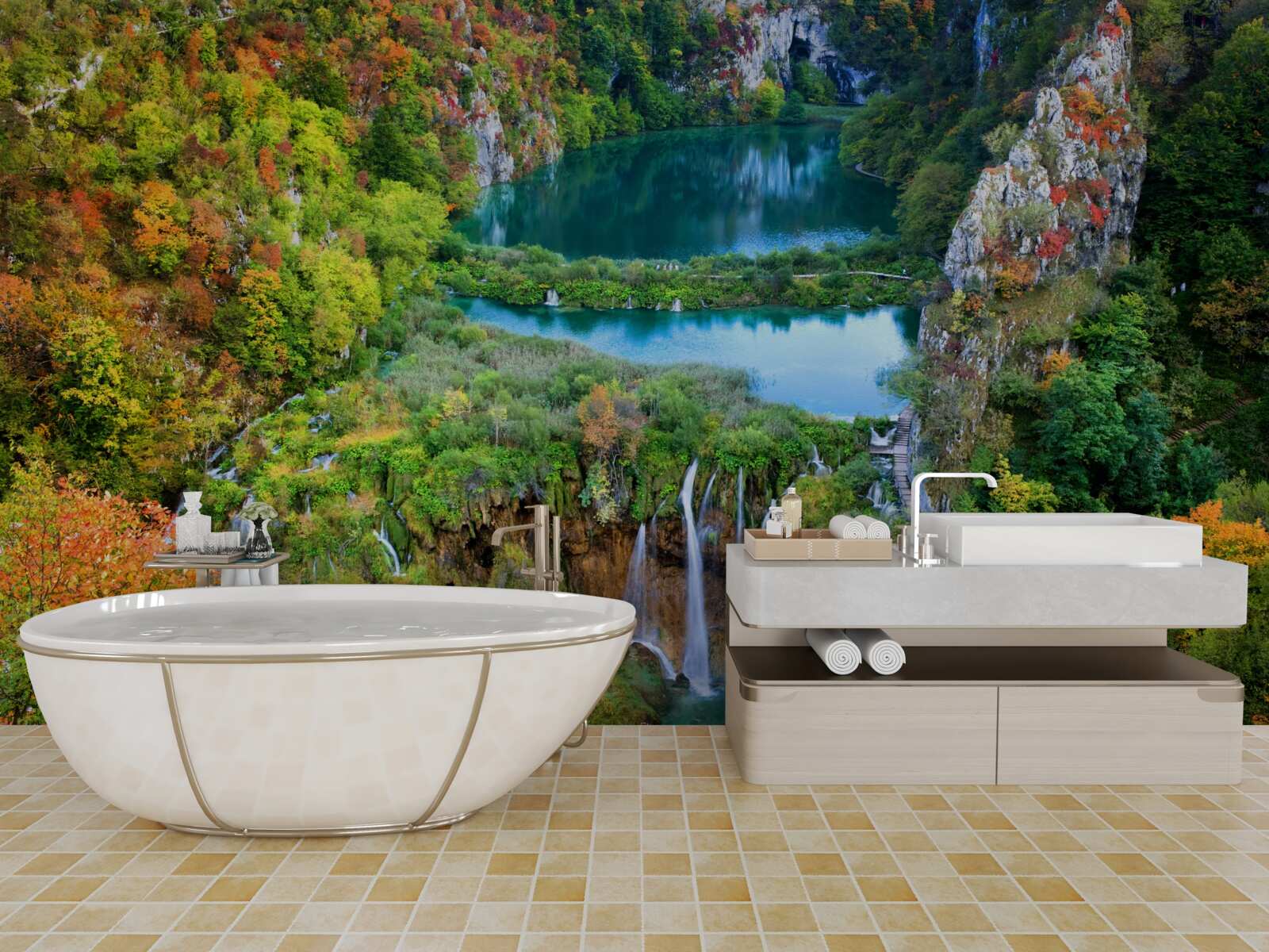 Fotobehang herfstbos versierd met een stromende waterval