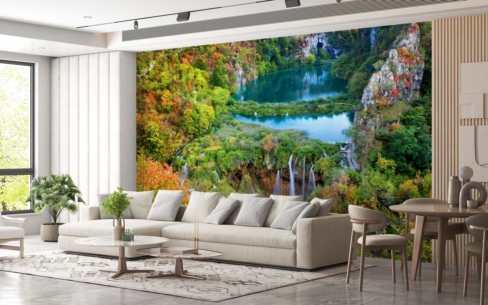 Fotobehang herfstbos versierd met een stromende waterval