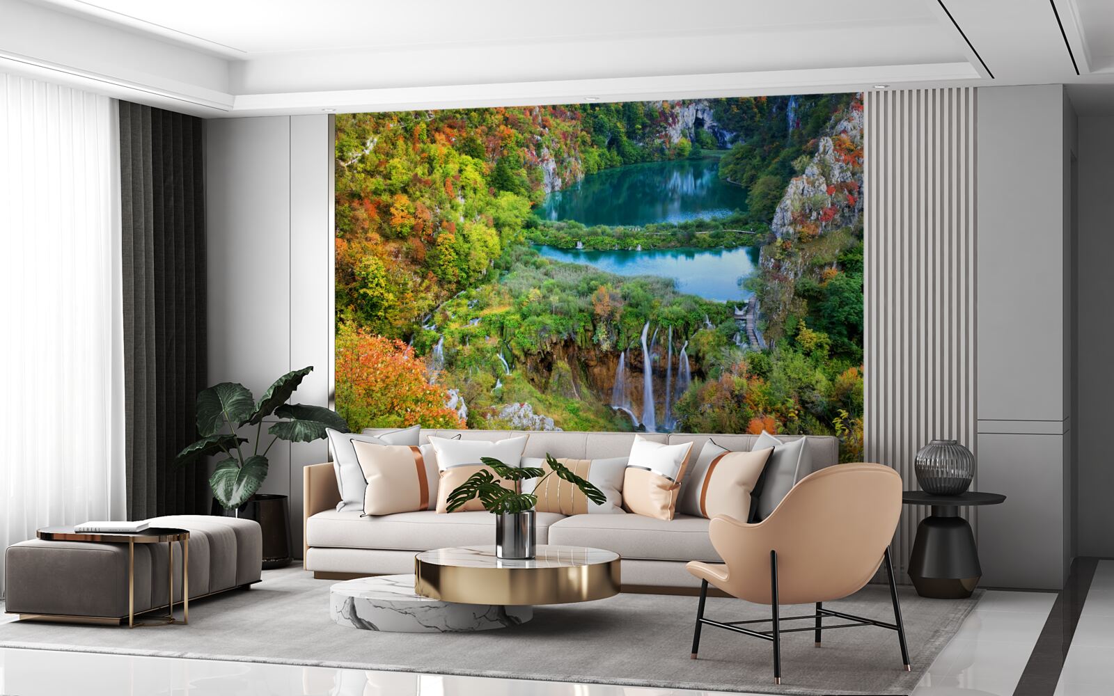 Fotobehang herfstbos versierd met een stromende waterval