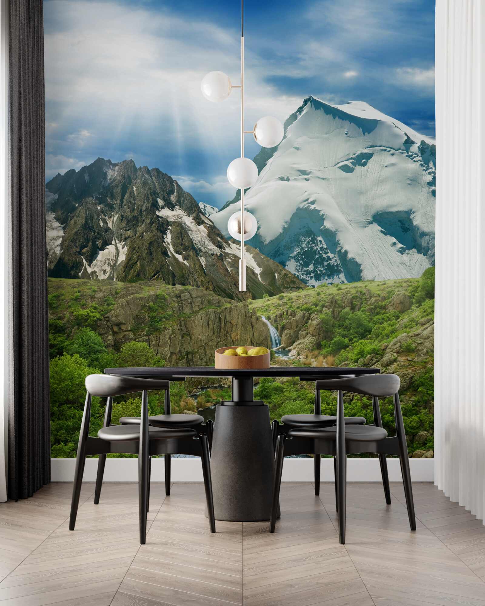 Fotobehang Het licht van de zonnestralen die door de bergen in het bos breken