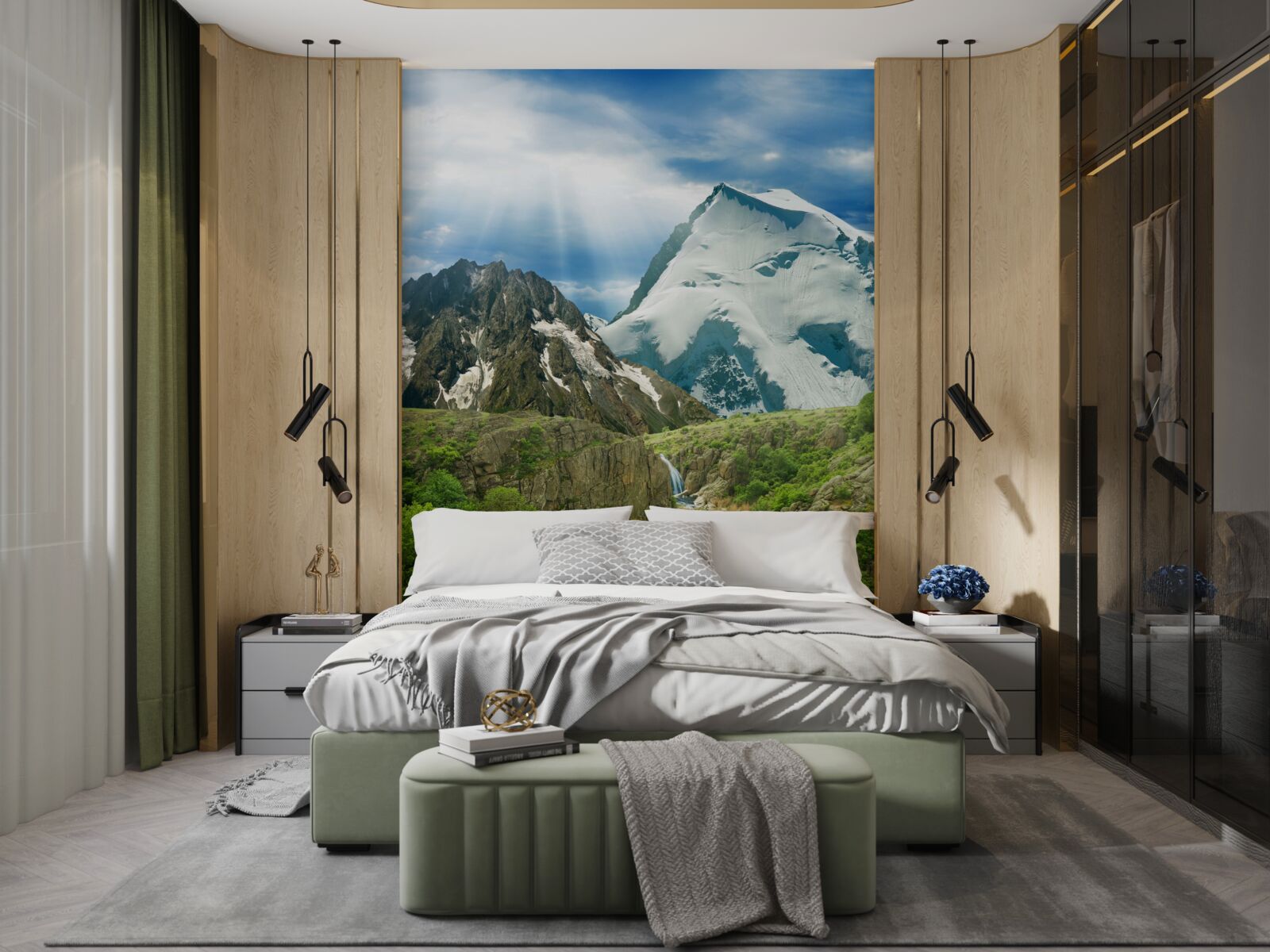 Fotobehang Het licht van de zonnestralen die door de bergen in het bos breken