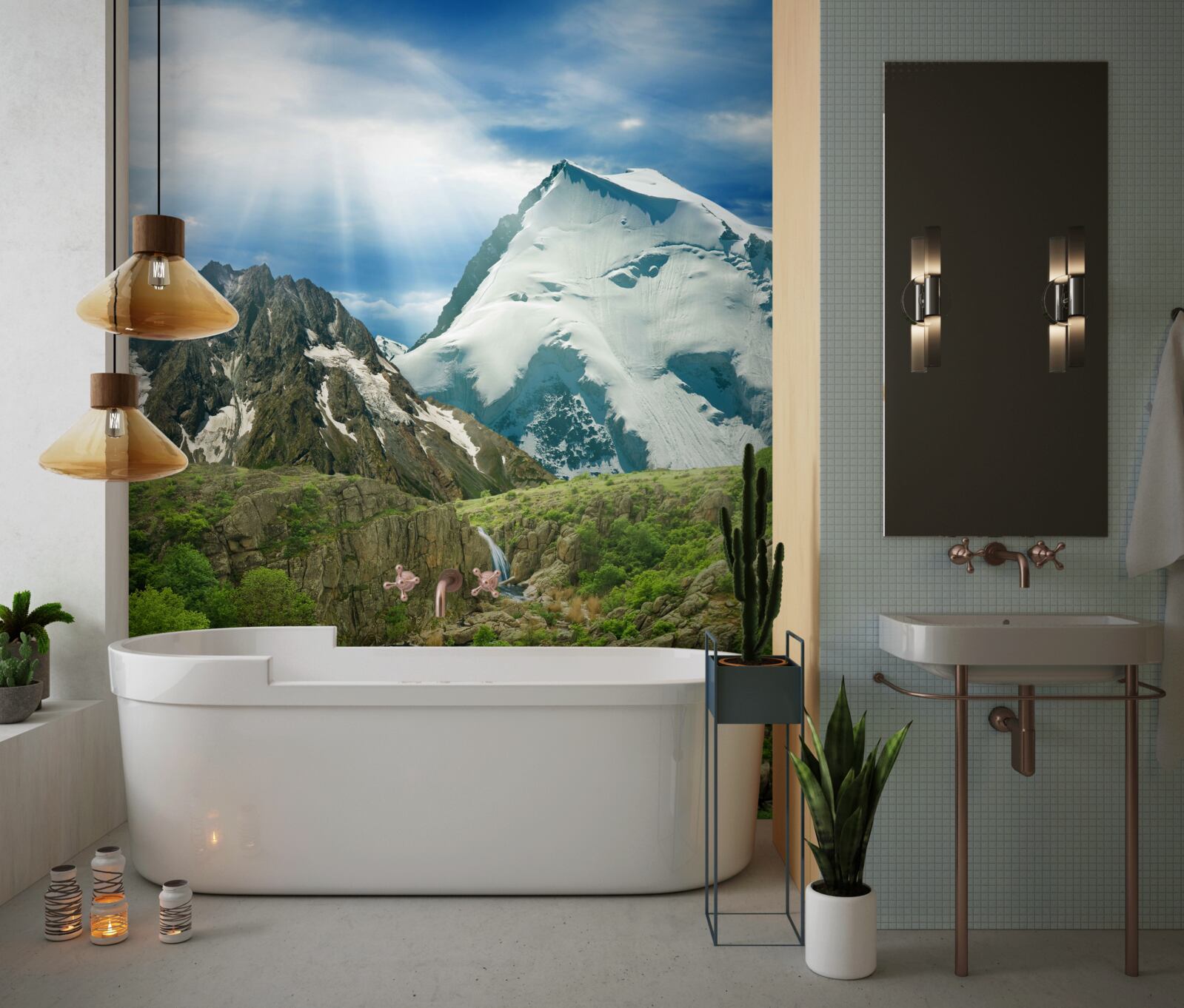 Fotobehang Het licht van de zonnestralen die door de bergen in het bos breken