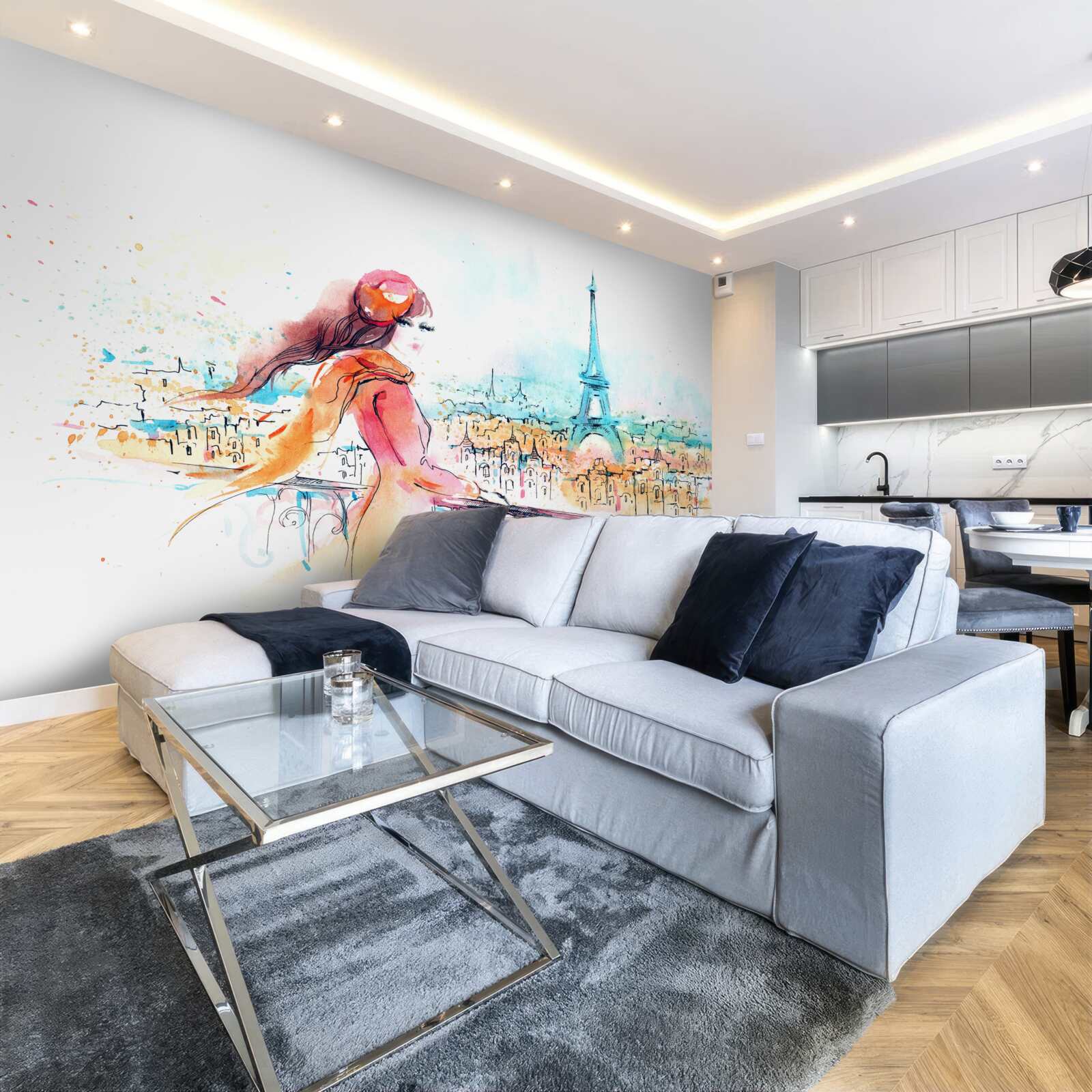 Fotobehang meisje wandelt door aquarel parijs