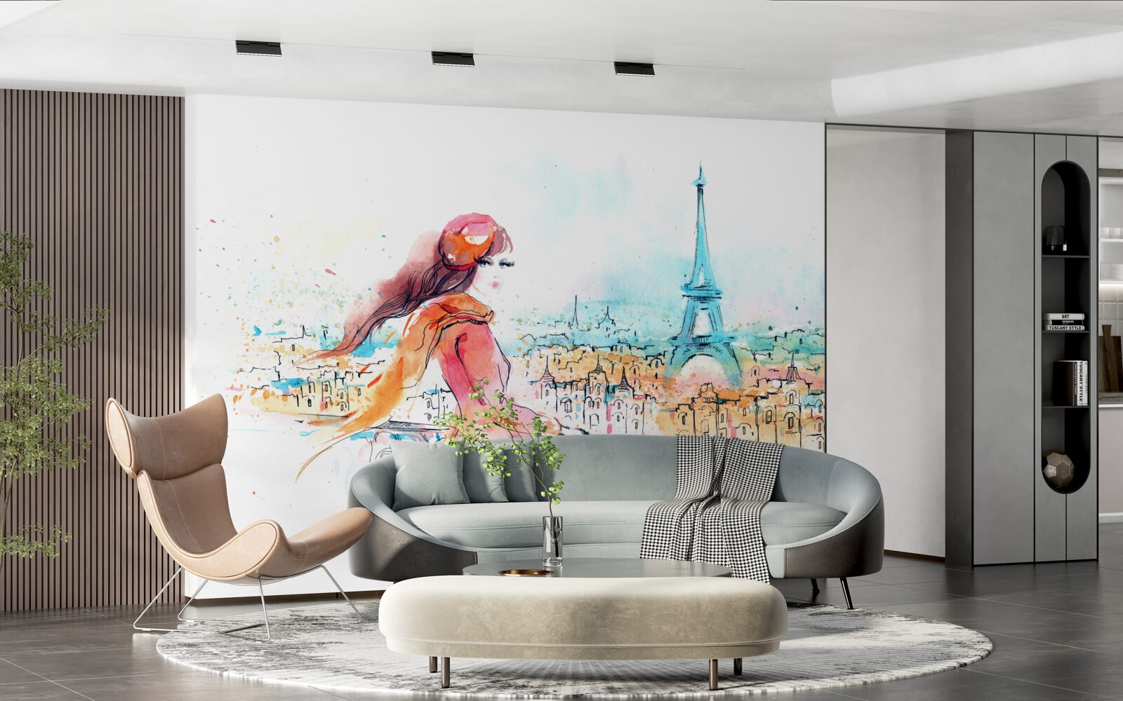 Fotobehang meisje wandelt door aquarel parijs