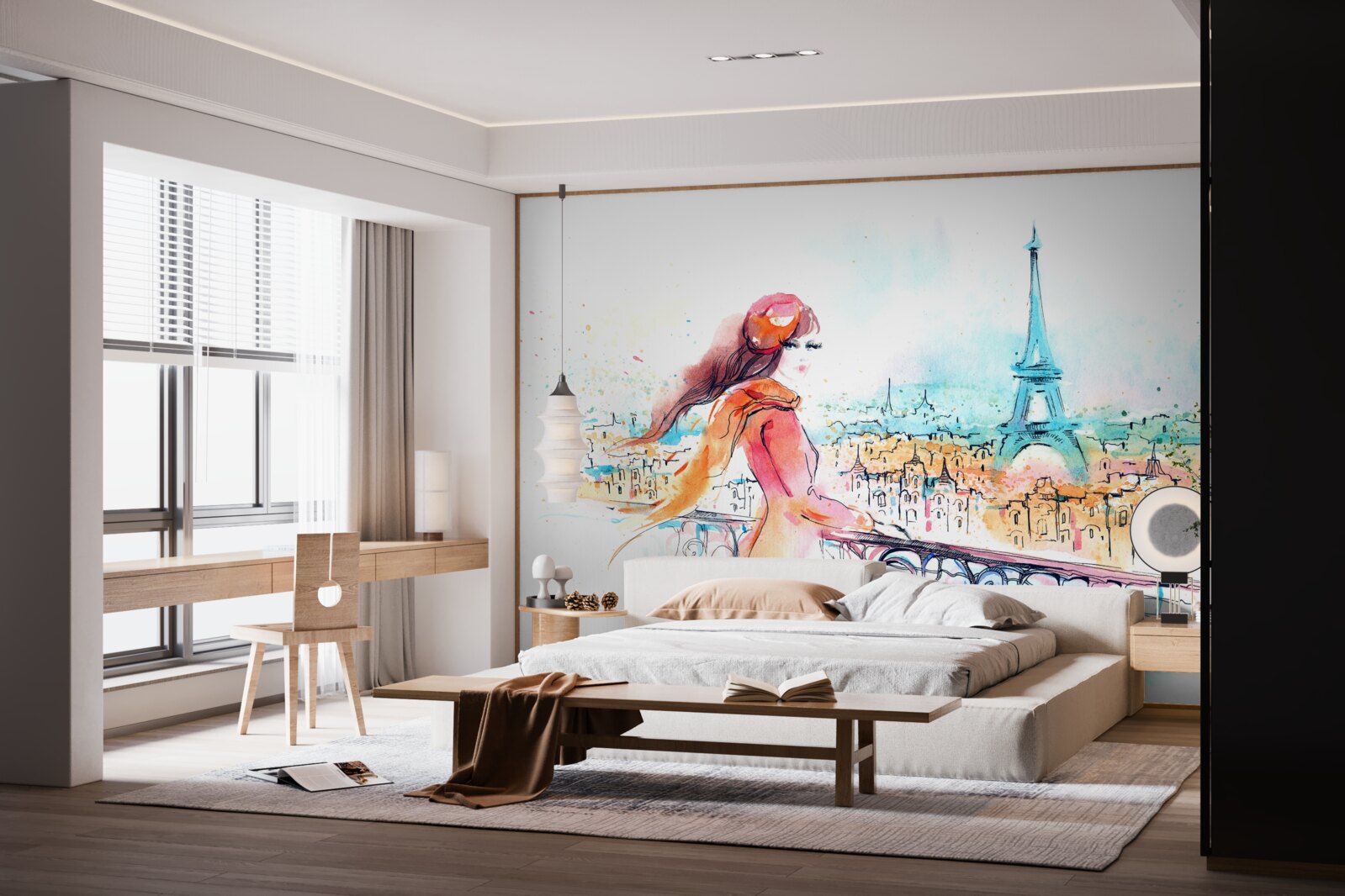 Fotobehang meisje wandelt door aquarel parijs