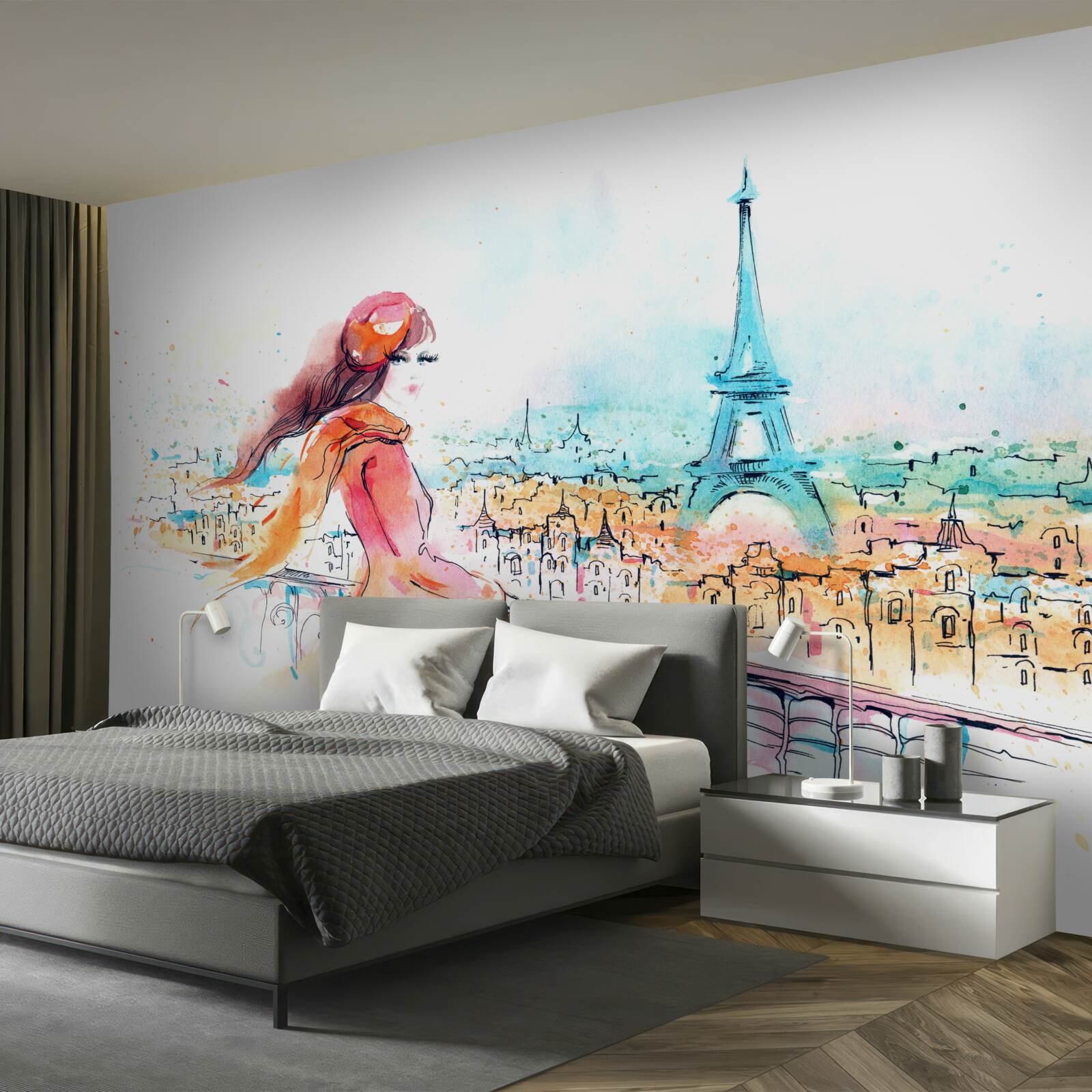 Fotobehang meisje wandelt door aquarel parijs