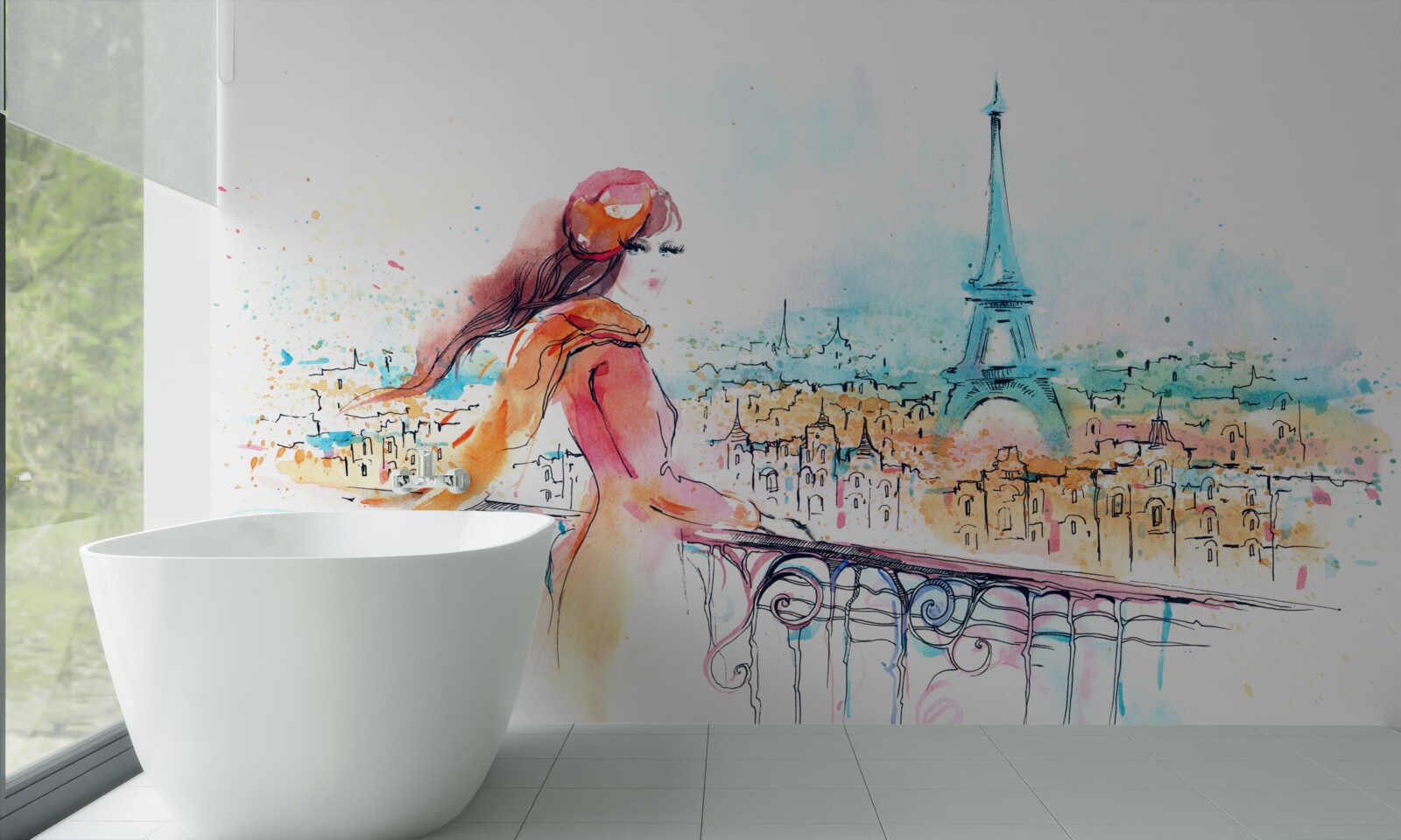 Fotobehang meisje wandelt door aquarel parijs