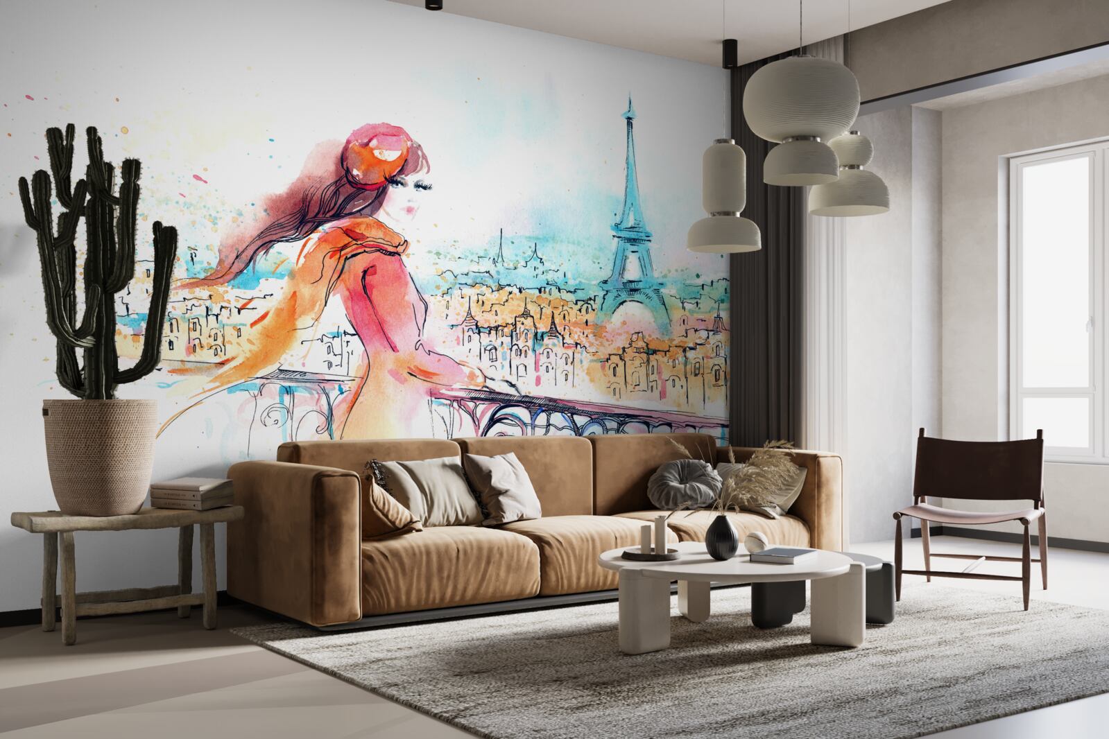 Fotobehang meisje wandelt door aquarel parijs