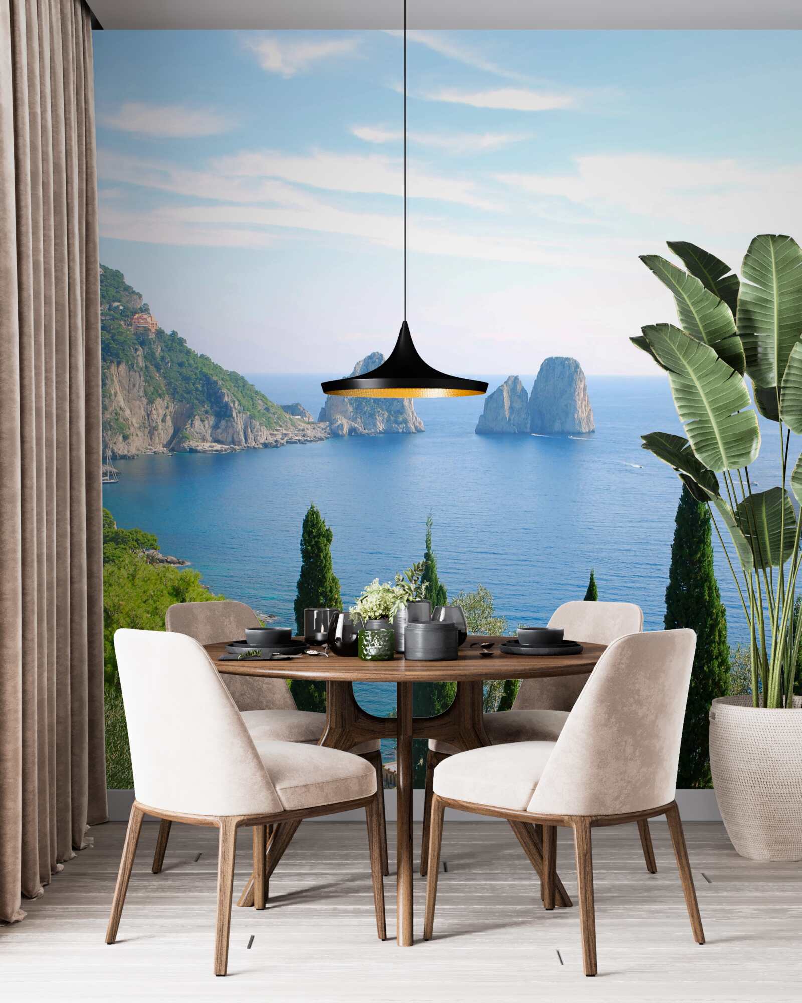 Fotobehang rotskust en hoge cipressen