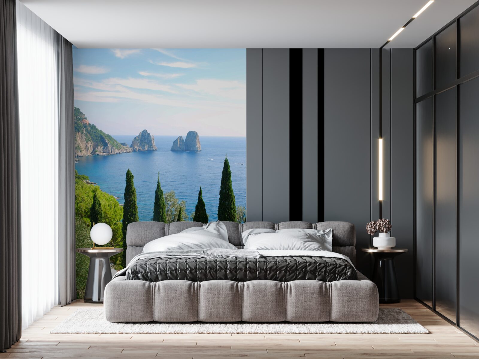 Fotobehang rotskust en hoge cipressen