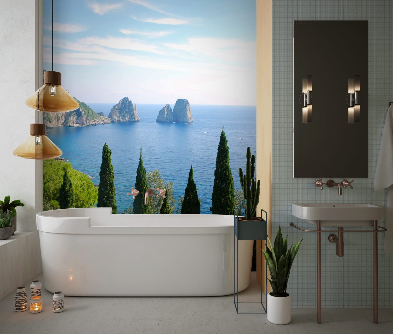 Fotobehang rotskust en hoge cipressen