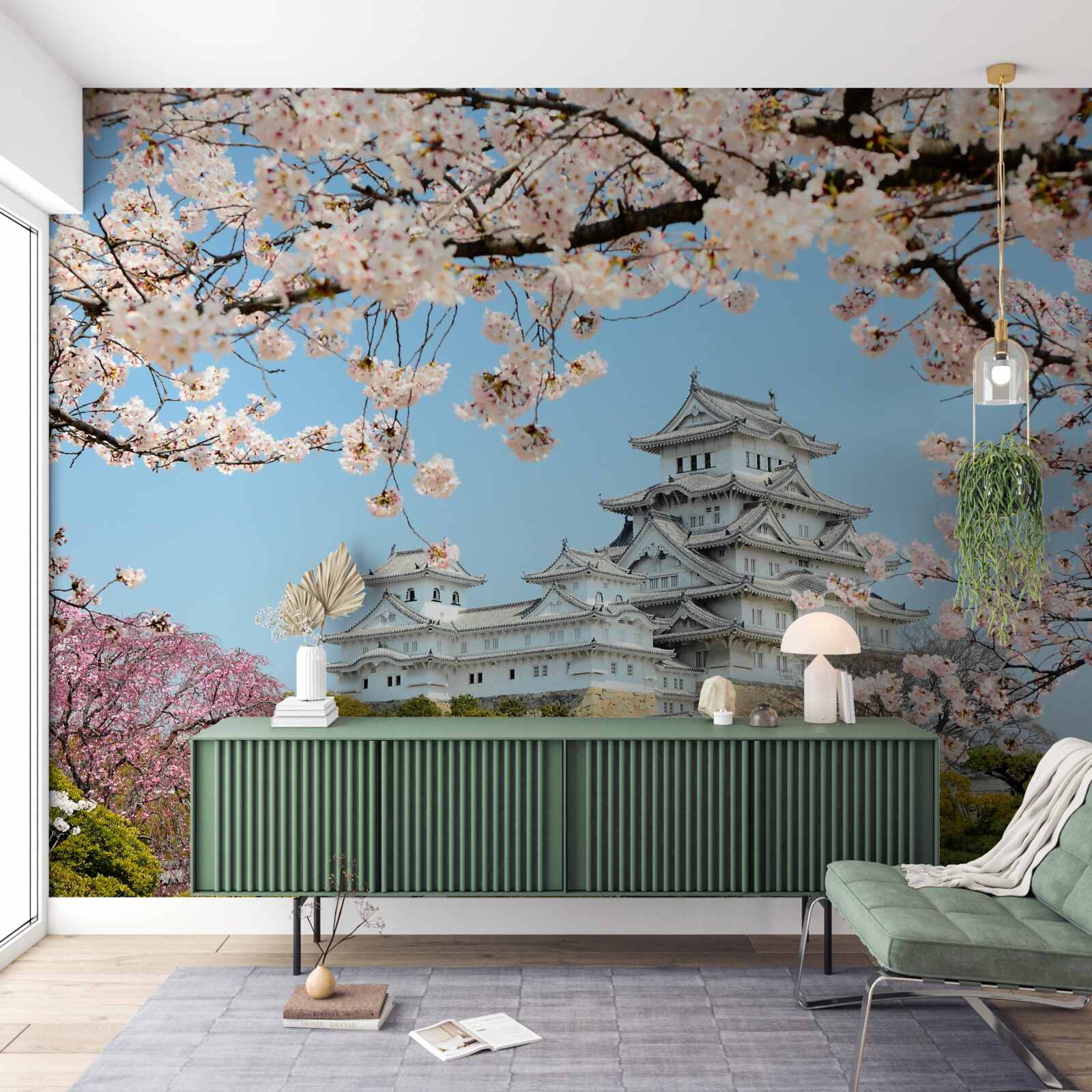 Fotobehang oud japans huis met bloeiende roze sakura