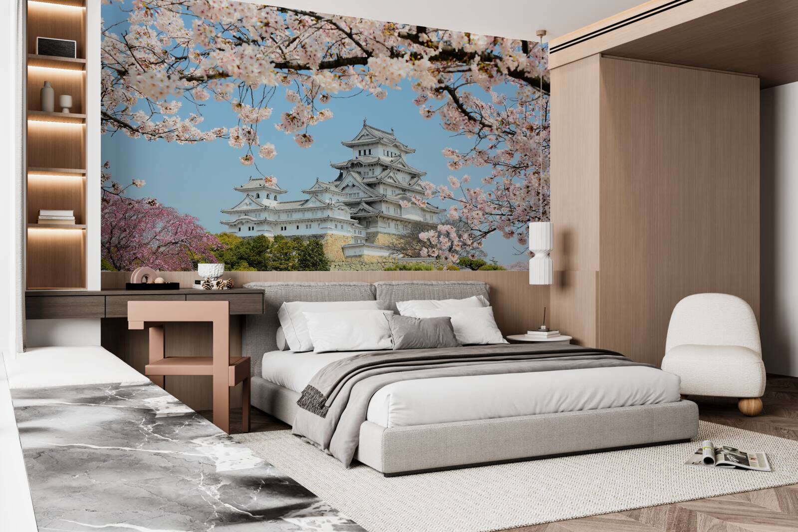 Fotobehang oud japans huis met bloeiende roze sakura