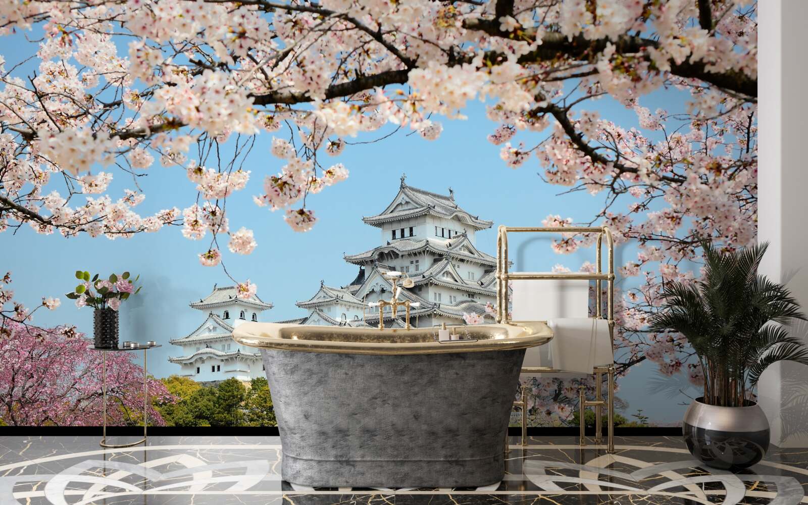 Fotobehang oud japans huis met bloeiende roze sakura