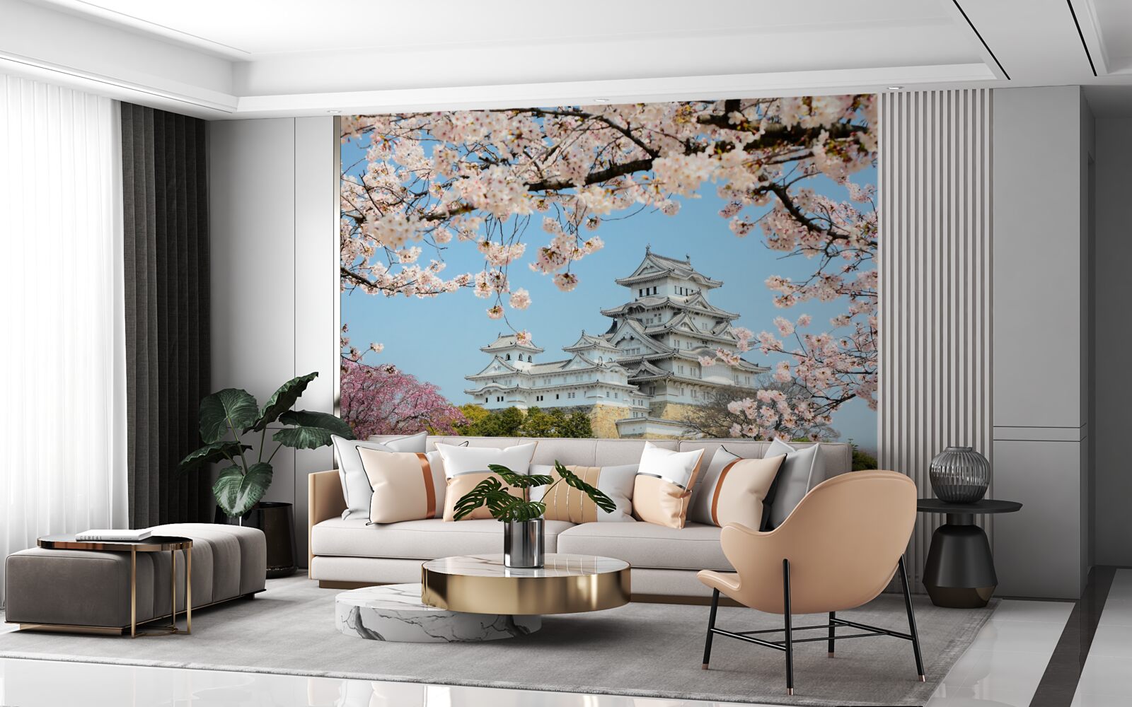 Fotobehang oud japans huis met bloeiende roze sakura