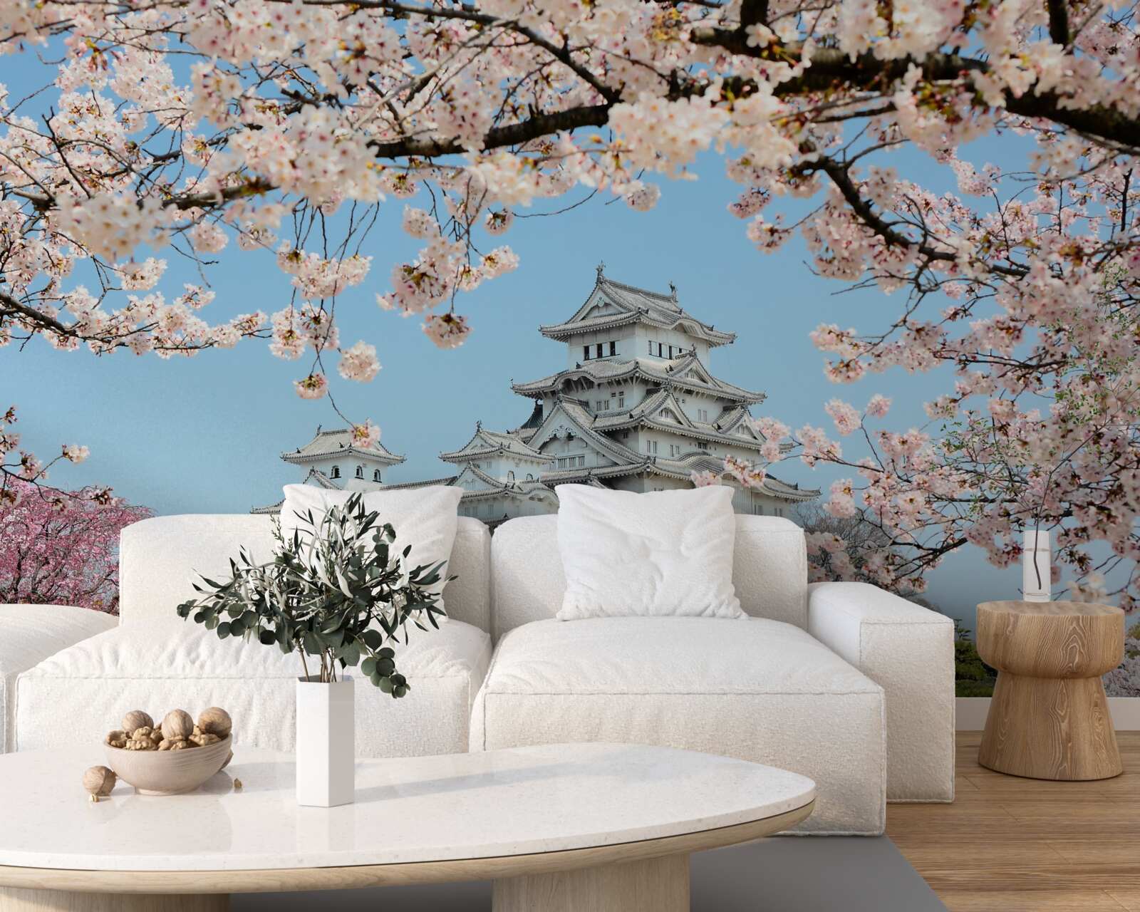 Fotobehang oud japans huis met bloeiende roze sakura