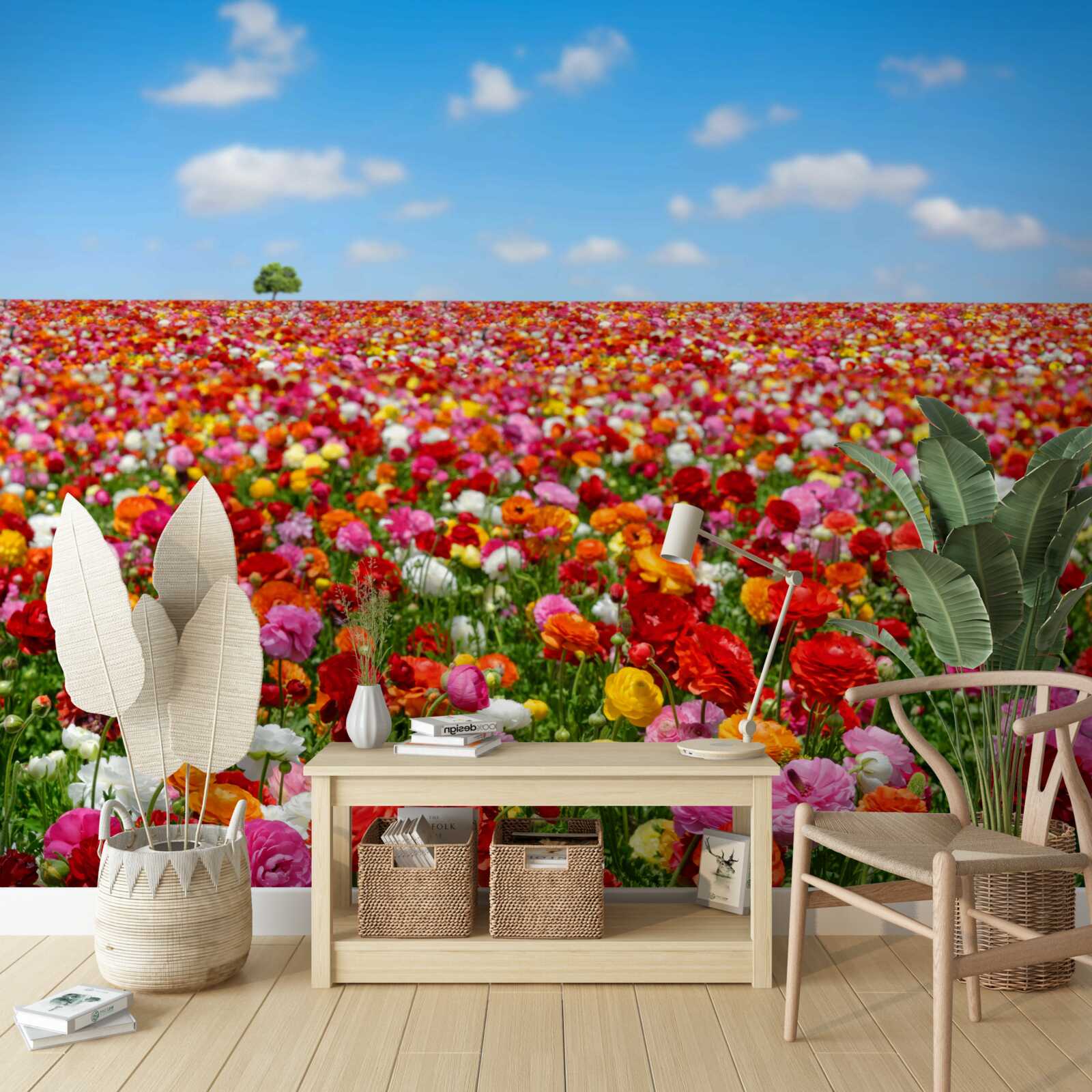 Fotobehang een weide bezaaid met een veelheid aan kleurrijke bloemen