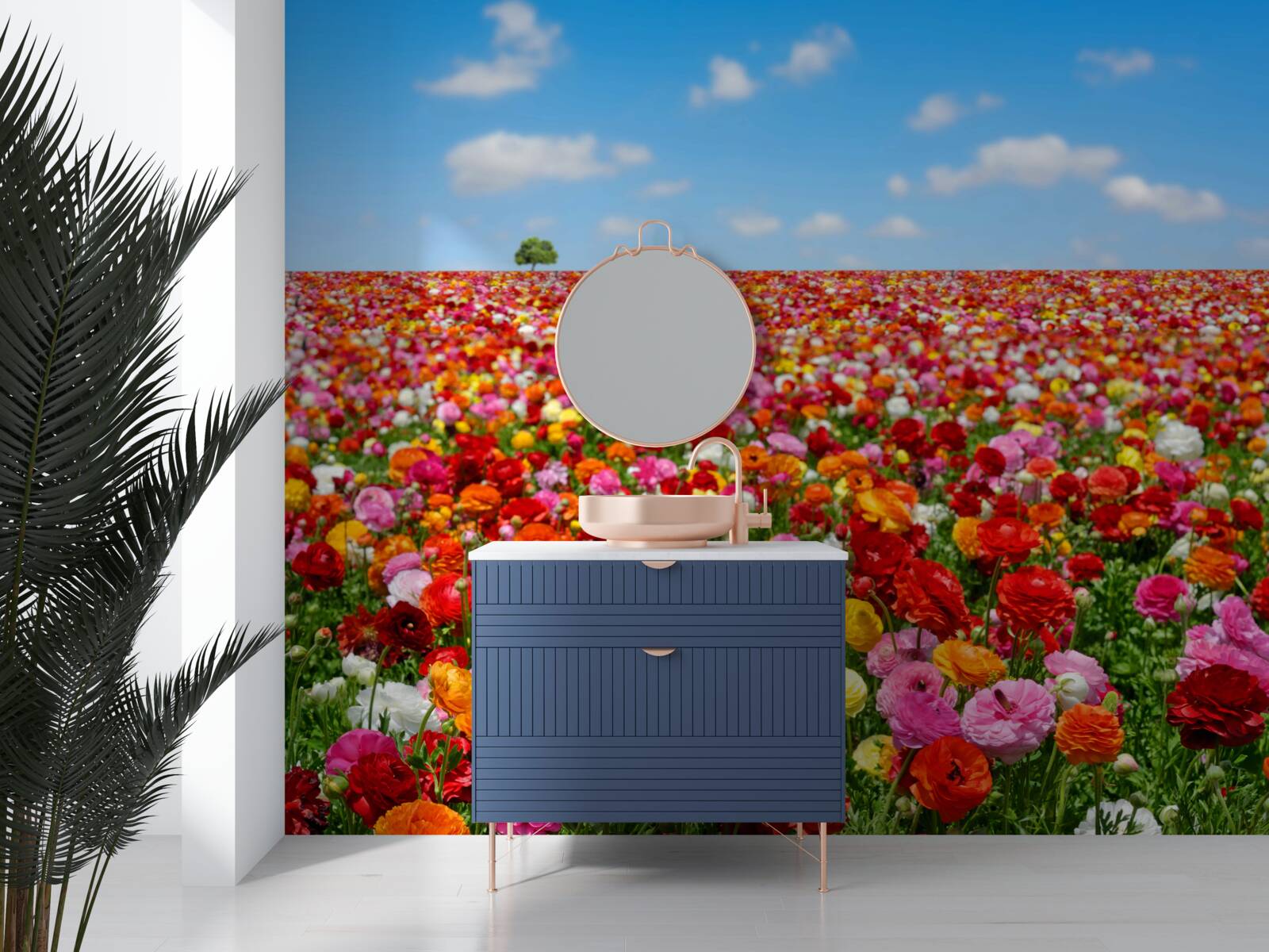 Fotobehang een weide bezaaid met een veelheid aan kleurrijke bloemen