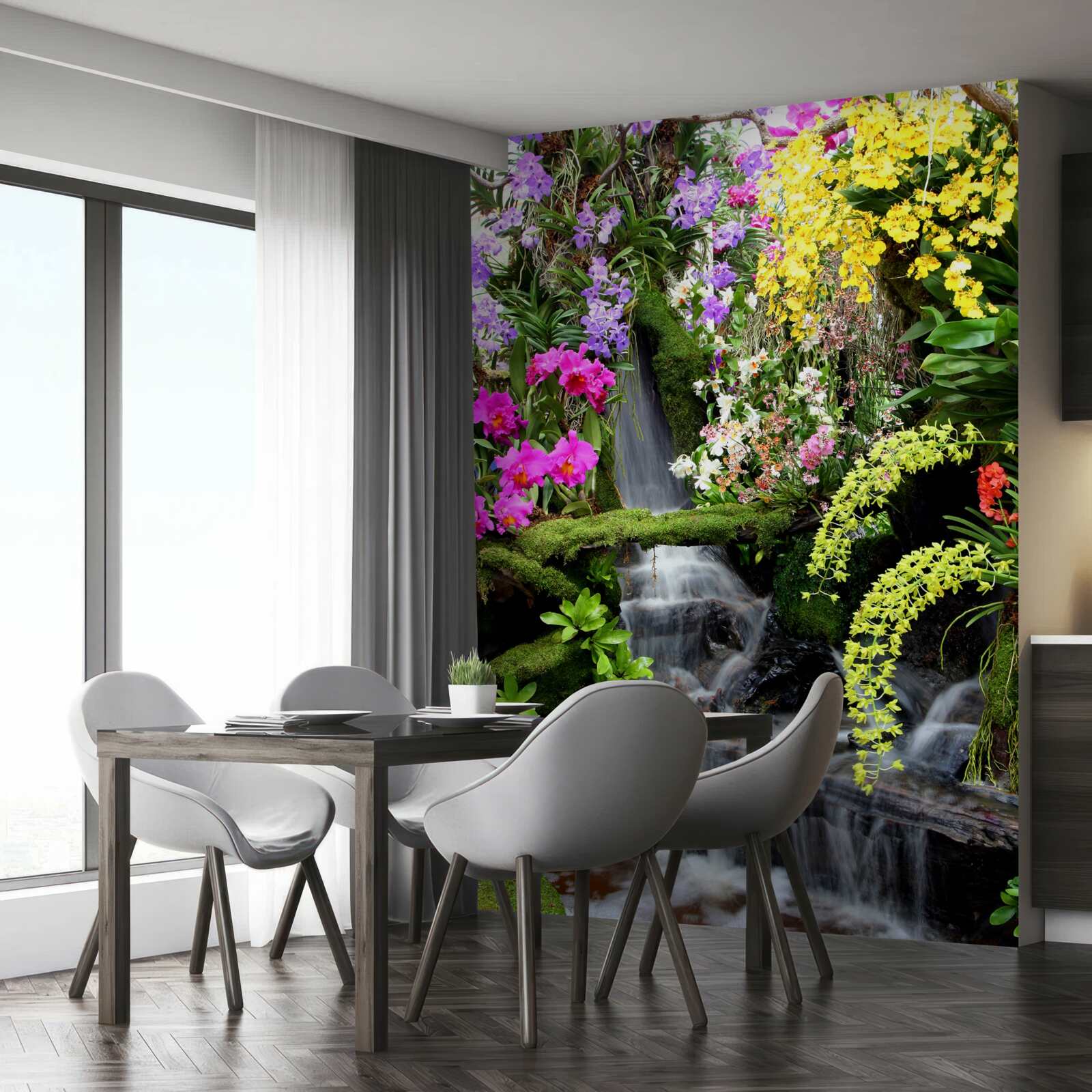 Fotobehang een waterval te midden van rijke bloementinten