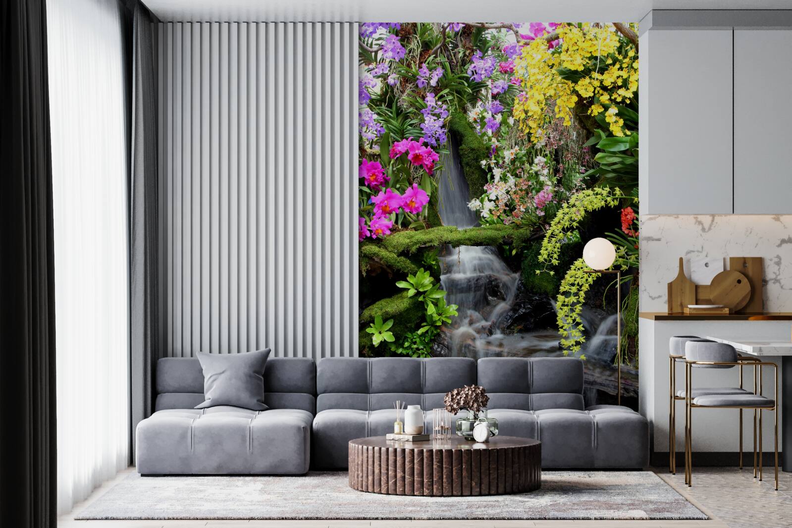 Fotobehang een waterval te midden van rijke bloementinten