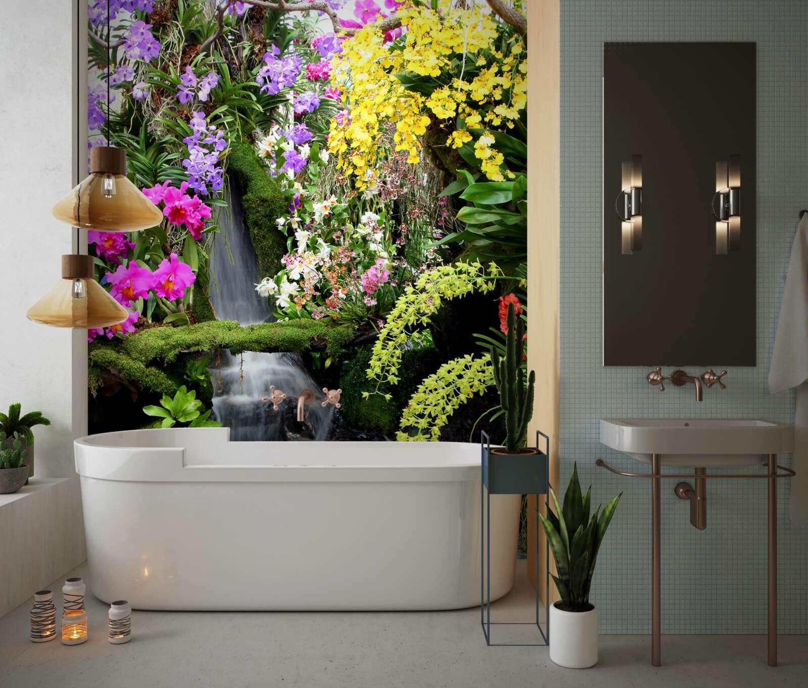 Fotobehang een waterval te midden van rijke bloementinten