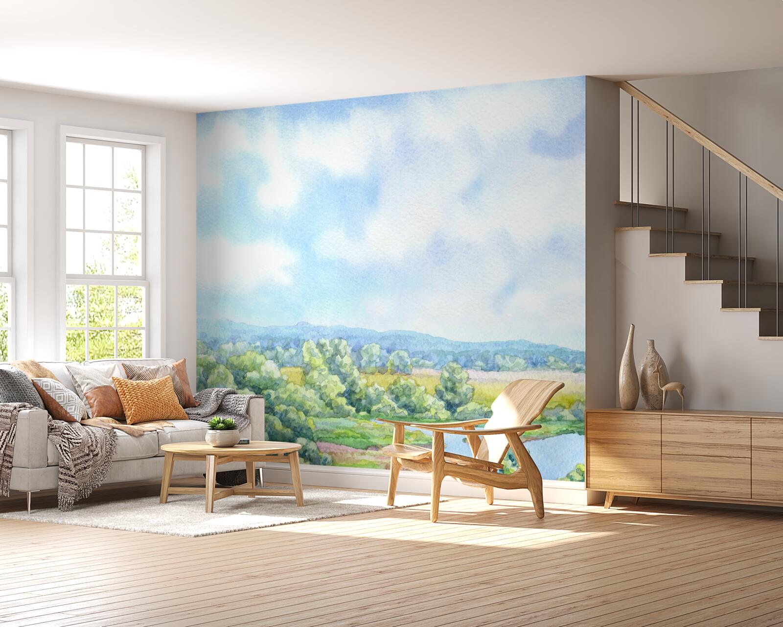 Fotobehang een heldere dag in een weide vol bloeiende planten