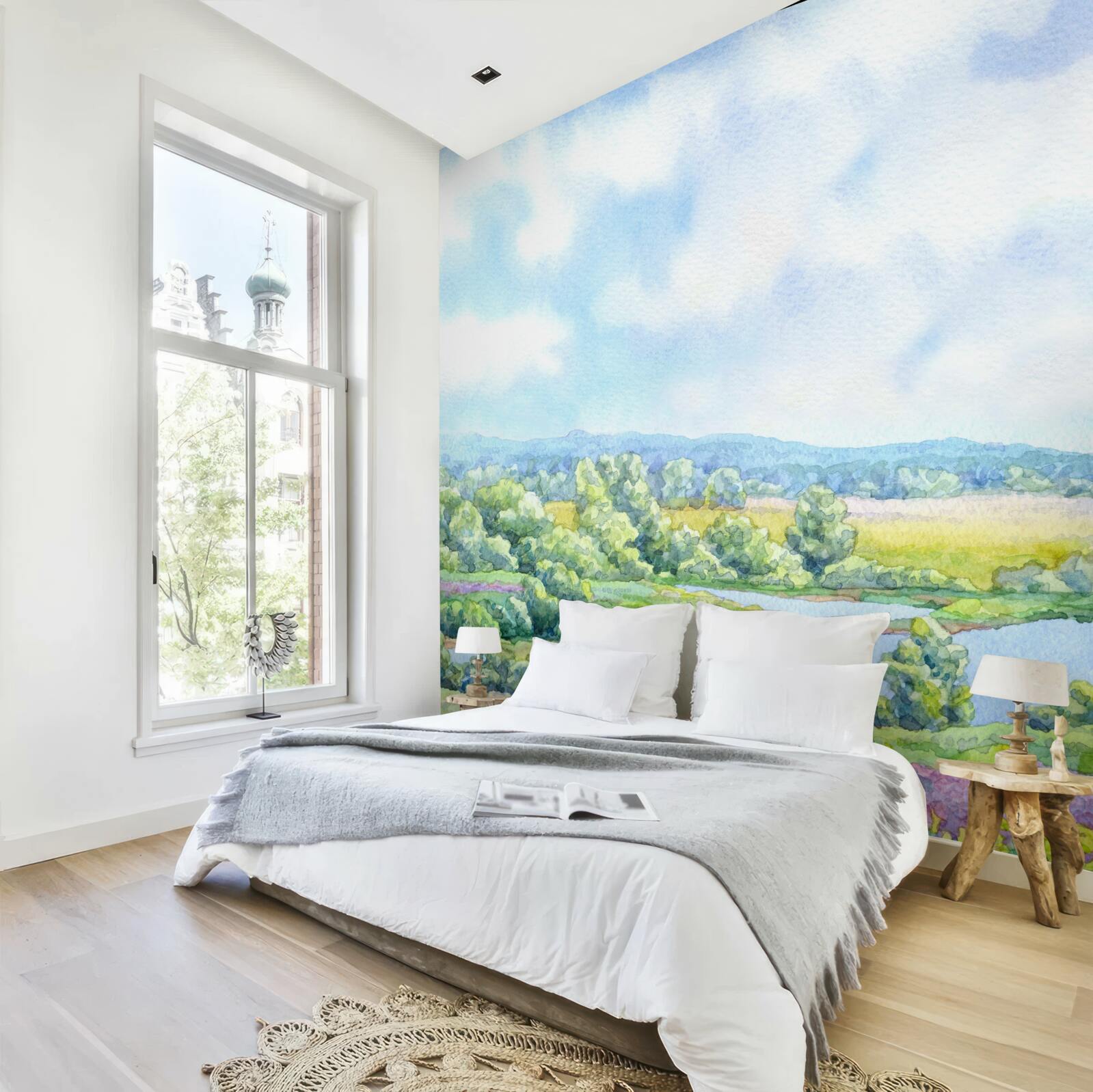 Fotobehang een heldere dag in een weide vol bloeiende planten