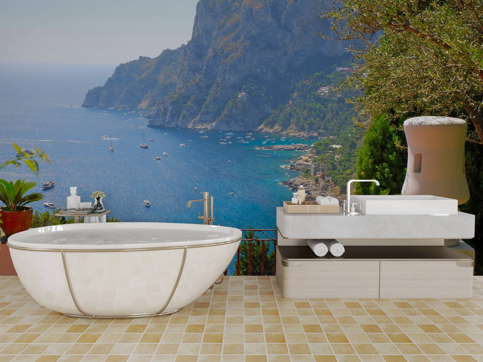 Fotobehang terras met balkon en oceaanzicht