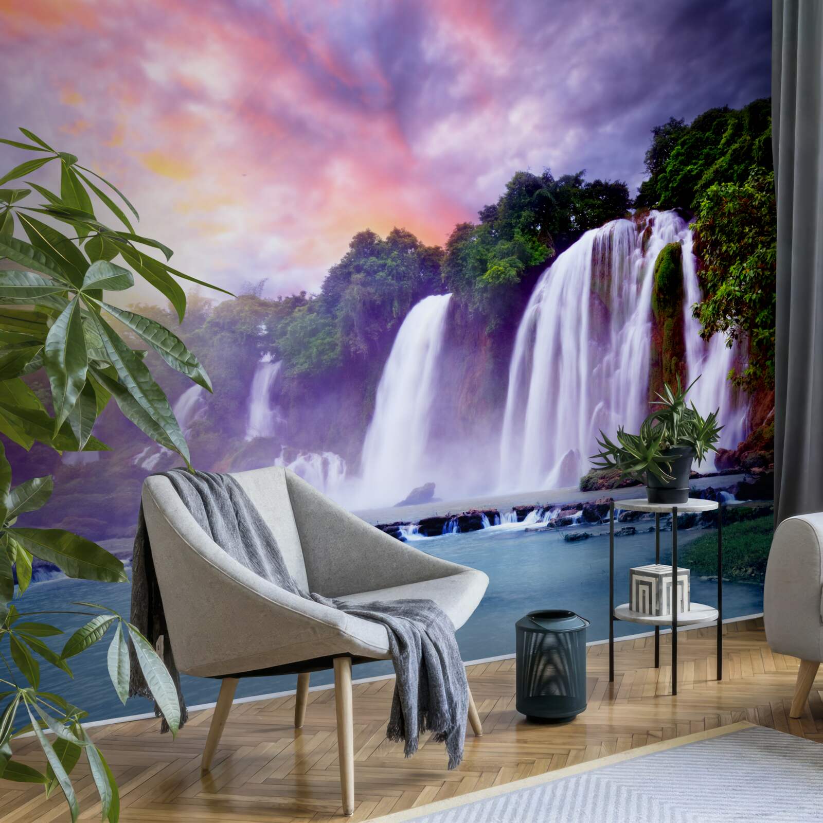 Fotobehang een enorme waterval op een achtergrond van een zonsondergang