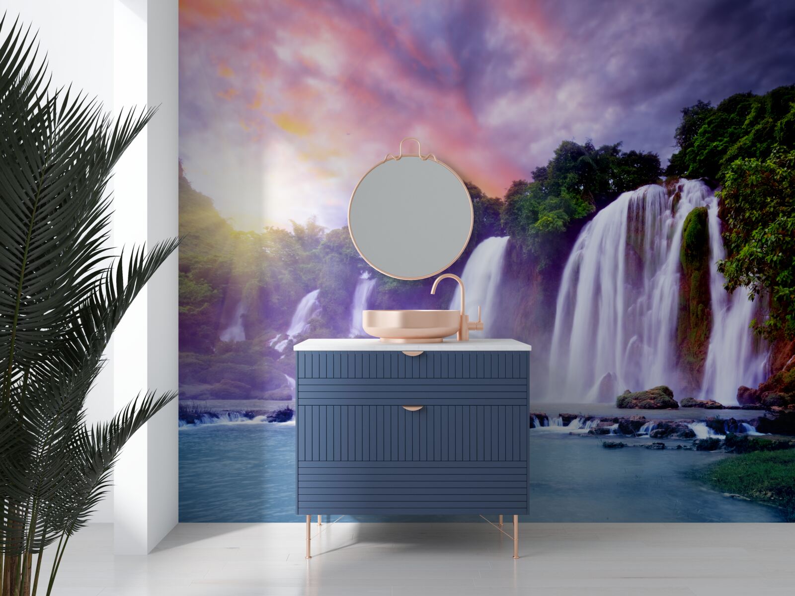 Fotobehang een enorme waterval op een achtergrond van een zonsondergang