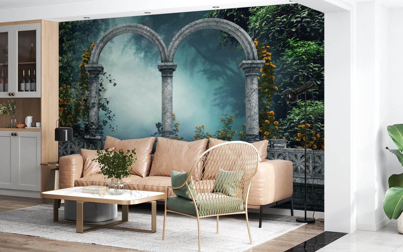 Fotobehang oude ronde boog in een mistig bos