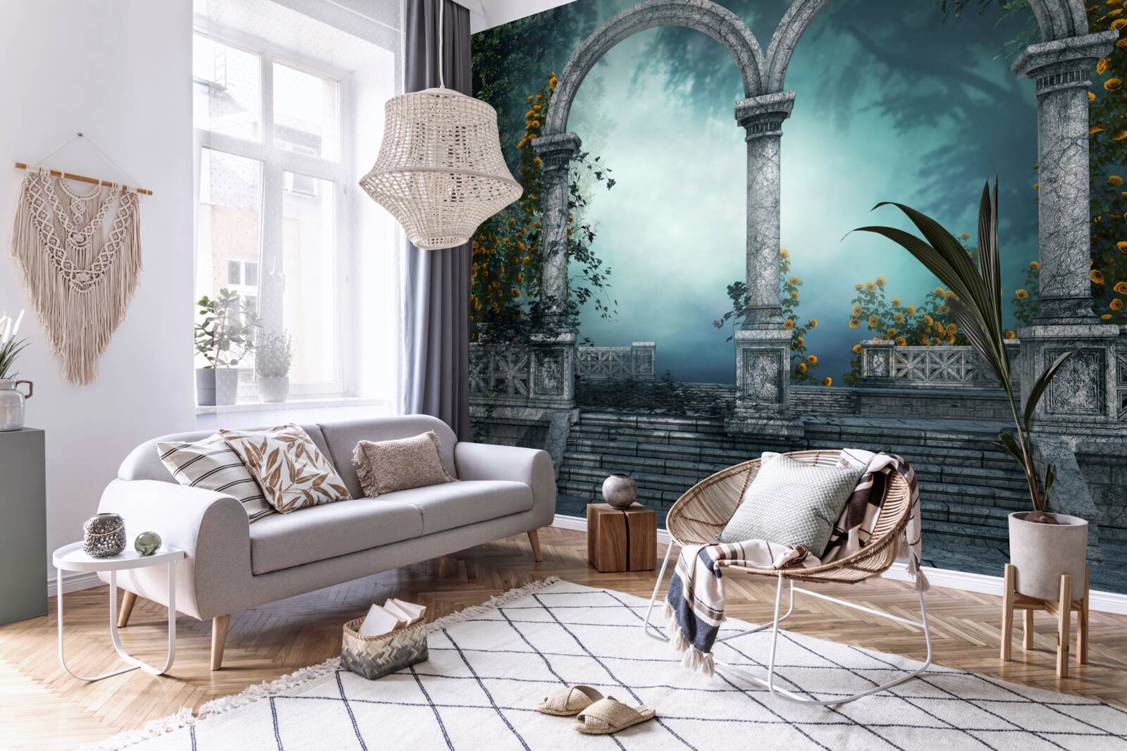 Fotobehang oude ronde boog in een mistig bos