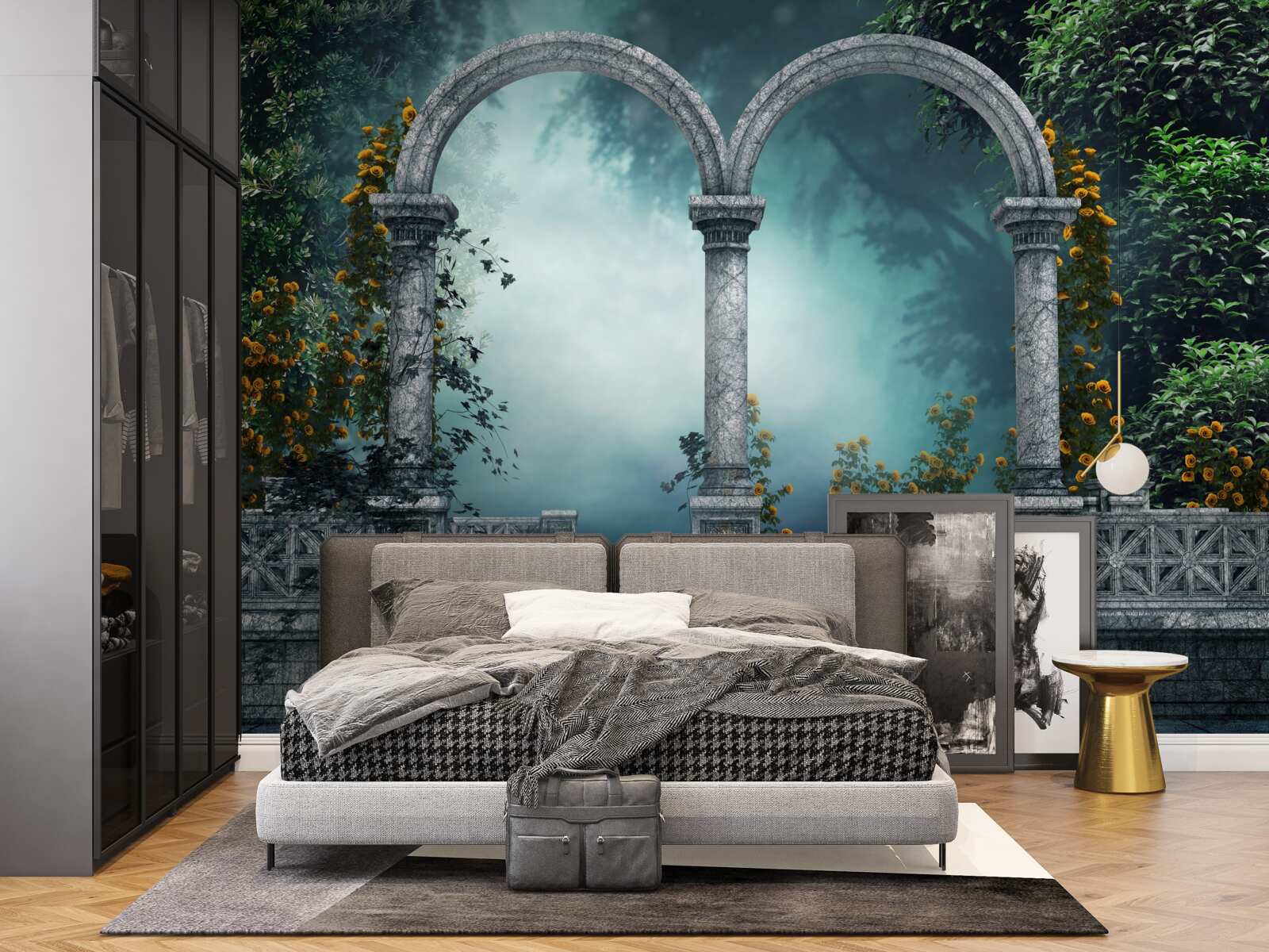 Fotobehang oude ronde boog in een mistig bos