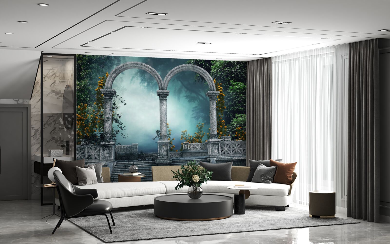 Fotobehang oude ronde boog in een mistig bos