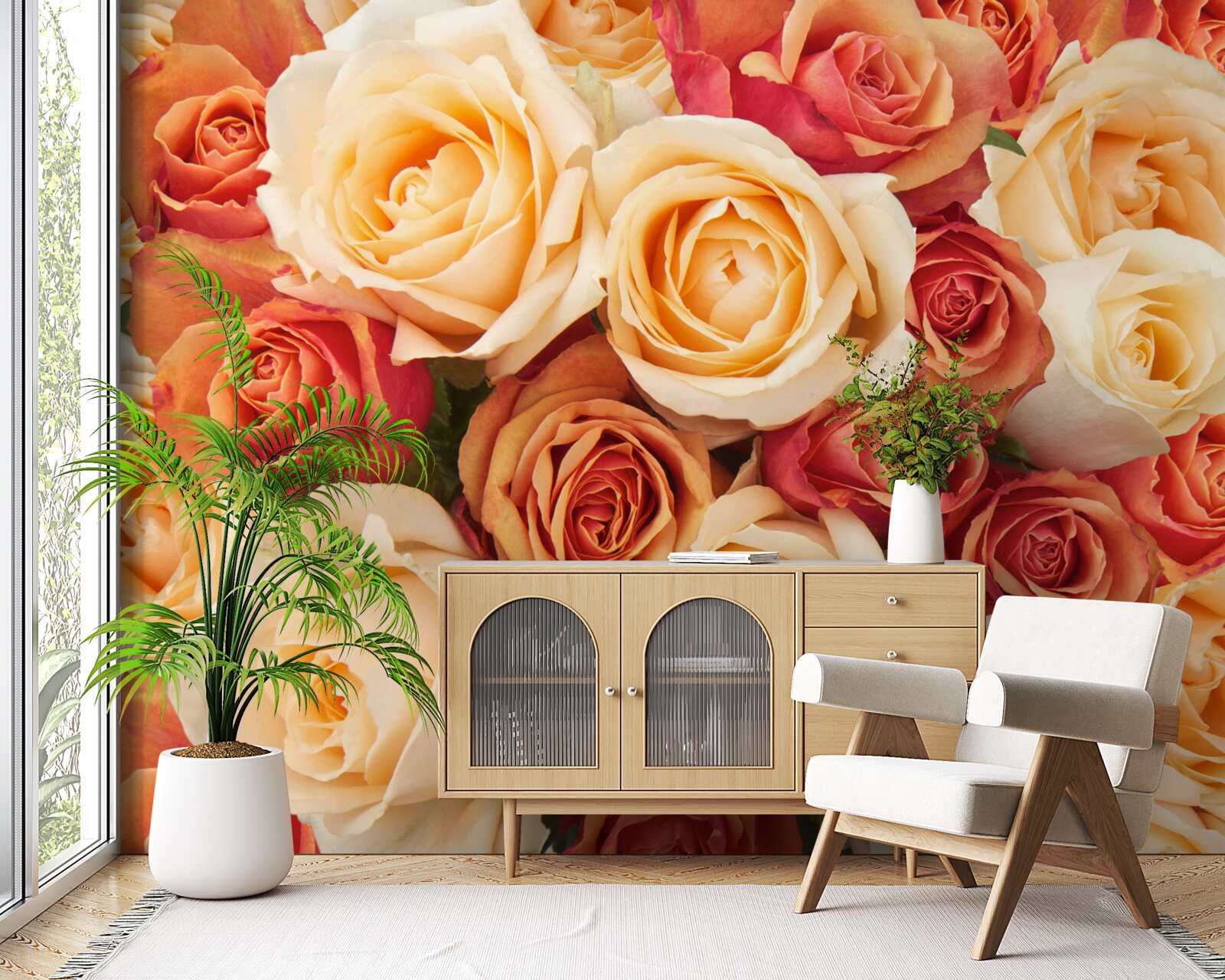 Fotobehang rozen met zachte kleuren in lichte en perziktinten